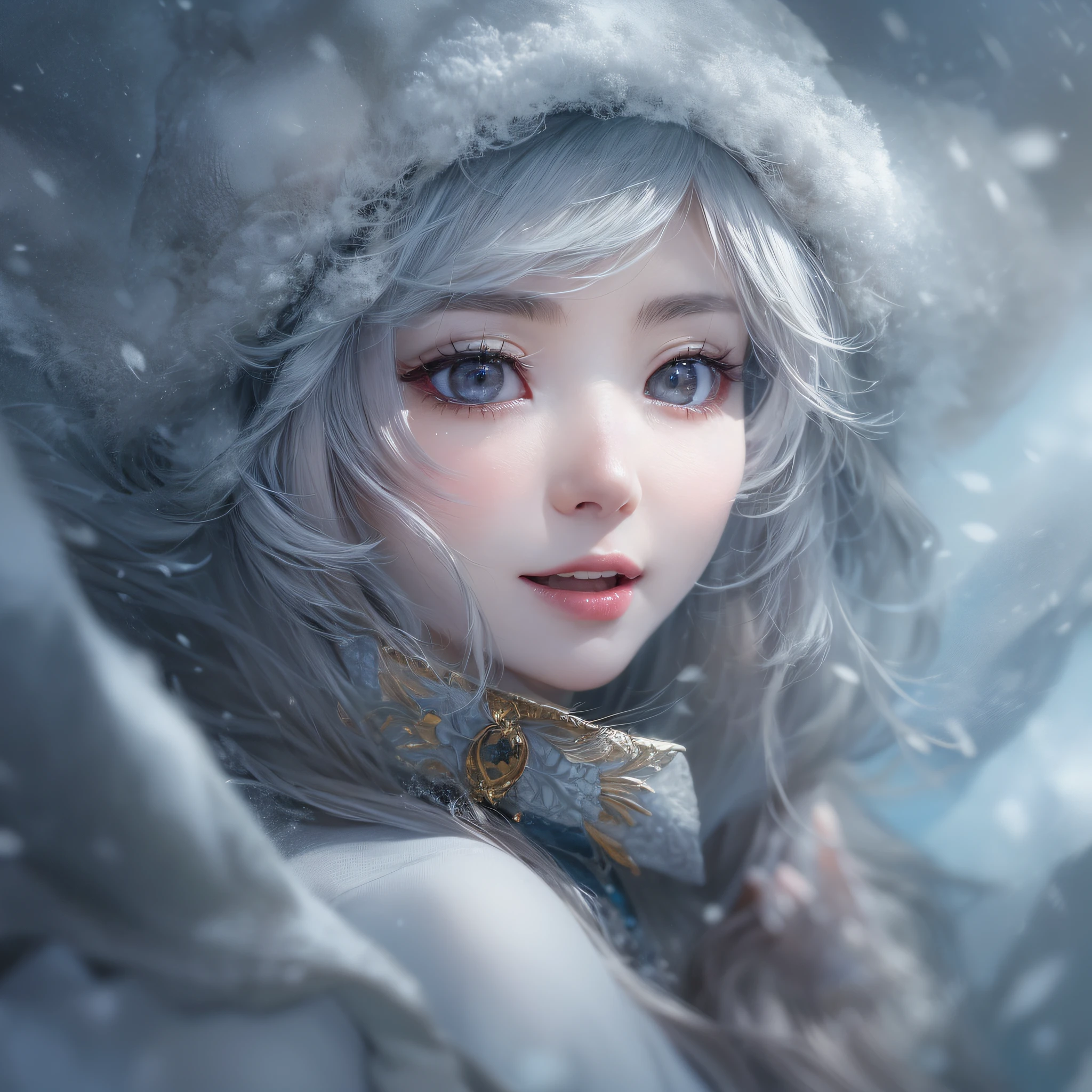 snowscape、Snow powder、Close up of smiling looking up、Close up of smiling looking up、Close up of smiling looking up、Facing the front、(masterpiece、realisitic、hight resolution)、(1 girl in):1.2)、Do-Up Eye、Korean Girl、(Best Quality), (masutepiece), (1girl in), Solo, Beautiful Girl, Perfect face, Big Breast,dreamlikeart、Highly detailed airbrush art(((Surreal))、intricate detailes、Volumetric lighting、(masterpiece:1.2)、(top-quality)、The ultra-detailliert、(The composition of the movement:1.4)、Highly detailed colorful details、(Bright lighting、Atmospheric lighting)、Magical、dynamic compositions、Ray traching、The mirror reflects light、Shallow depth of field、ultra-detailliert、mixing exposure、nffsw、Super masterpiece、Her eyes are glowing red、Silvery hair、Her face is full of anticipation and courage for adventure.、A smile comes to her lips、An air full of smiles and adventurous spirit、At the rear、Powder snow is falling on the snowy mountains。Its light brings the light of powder snow、Swaying powder snow creates a beautiful scenery..。Her courage and determination are condensed.、Eye-catching presence。Her eyes are shining。Powder snow、Powder snow