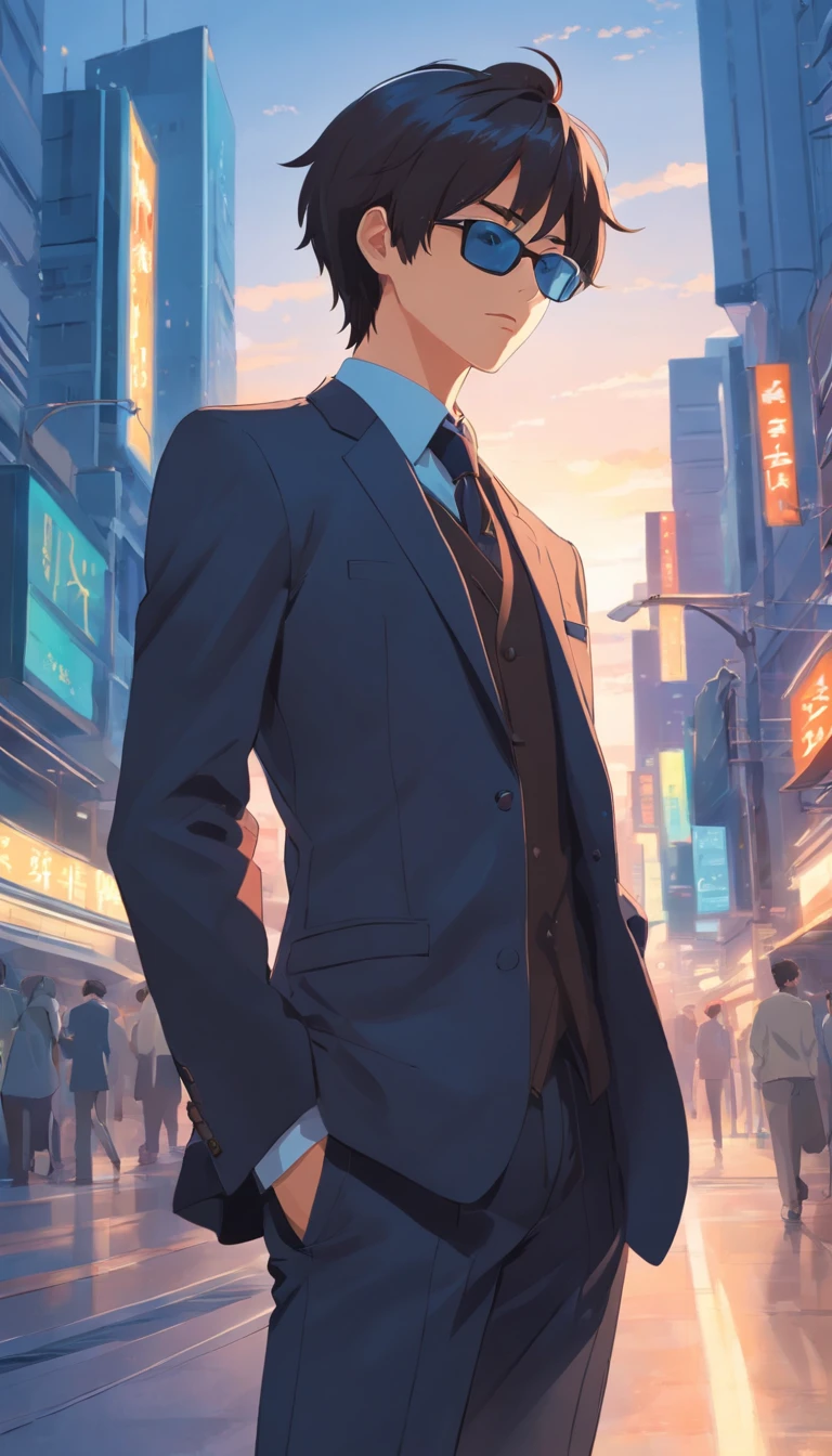 man,Calvo Alto Delgado sexy en elegante traje negro con gafas de sol negras con saco gris fino