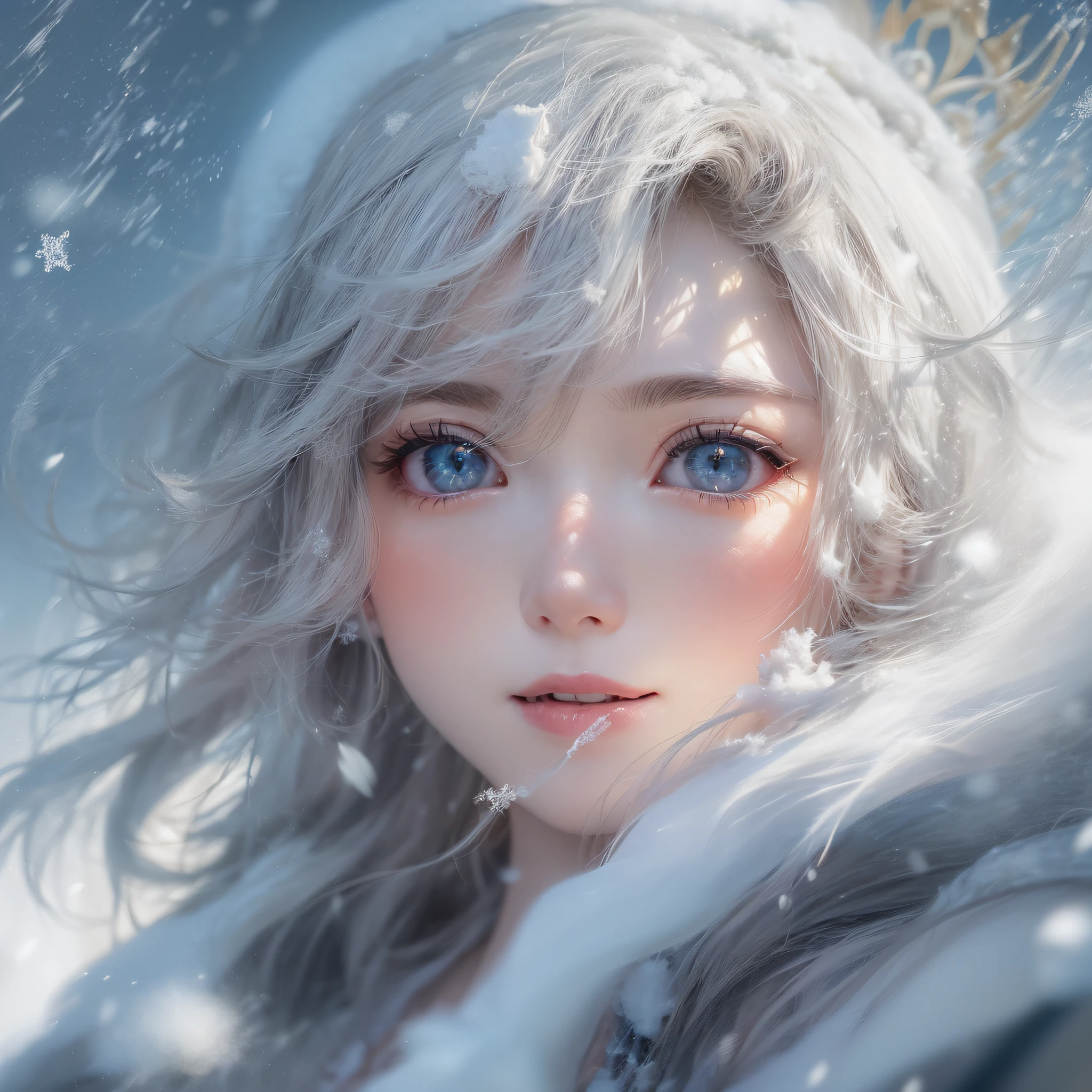 snowscape、Snow powder、Close up of smiling looking up、Close up of smiling looking up、Close up of smiling looking up、Facing the front、(masterpiece、realisitic、hight resolution)、(1 girl in):1.2)、Do-Up Eye、Korean Girl、(Best Quality), (masutepiece), (1girl in), Solo, Beautiful Girl, Perfect face, Big Breast,dreamlikeart、Highly detailed airbrush art(((Surreal))、intricate detailes、Volumetric lighting、(masterpiece:1.2)、(top-quality)、The ultra-detailliert、(The composition of the movement:1.4)、Highly detailed colorful details、(Bright lighting、Atmospheric lighting)、Magical、dynamic compositions、Ray traching、The mirror reflects light、Shallow depth of field、ultra-detailliert、mixing exposure、nffsw、Super masterpiece、Her eyes are glowing red、Silvery hair、Her face is full of anticipation and courage for adventure.、A smile comes to her lips、An air full of smiles and adventurous spirit、At the rear、Powder snow is falling on the snowy mountains。Its light brings the light of powder snow、Swaying powder snow creates a beautiful scenery..。Her courage and determination are condensed.、Eye-catching presence。Her eyes are shining。Powder snow、Powder snow