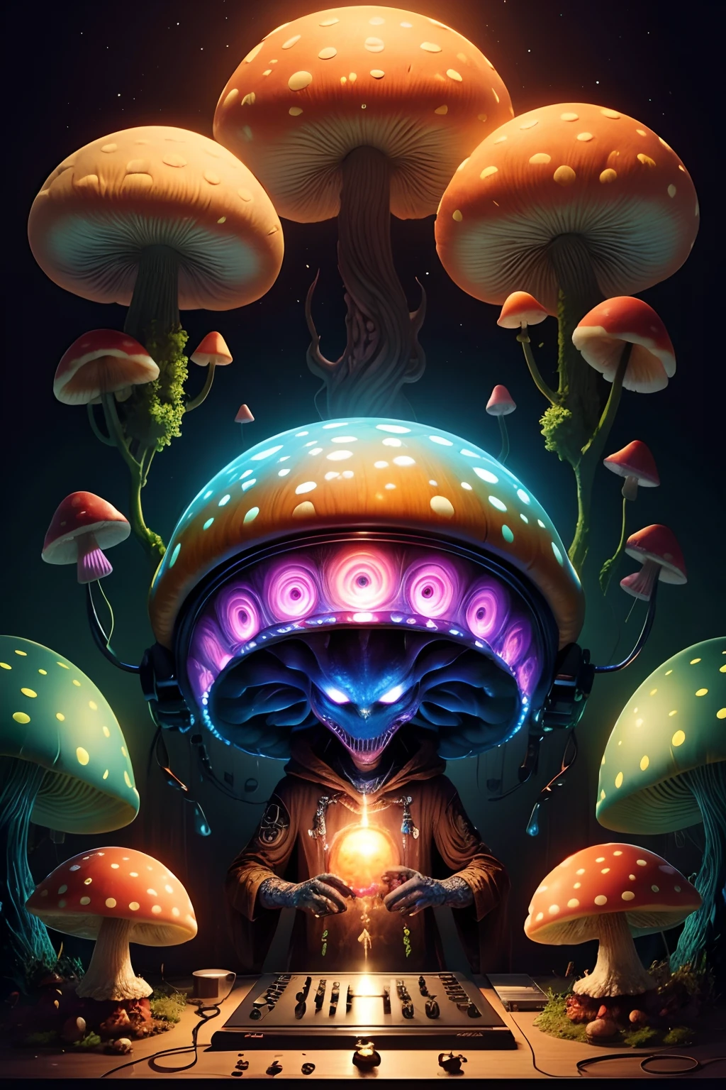 alien monster DJ, exposed brain, many mushrooms growing from brain, lsd trippy