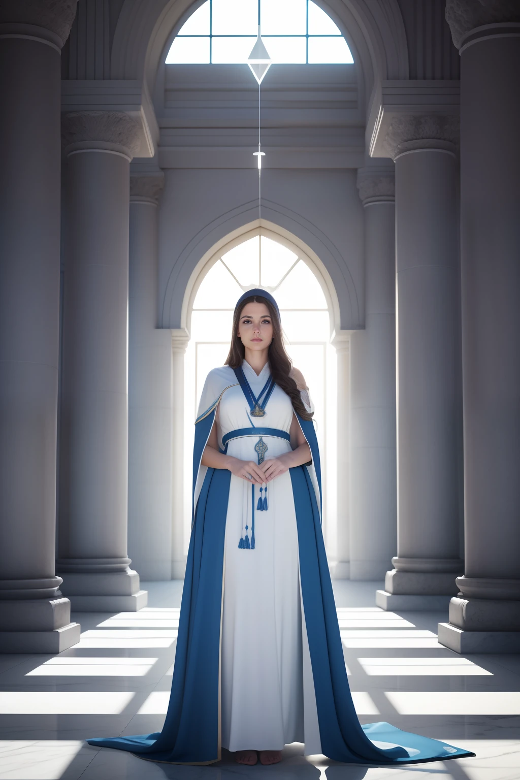 ultra realistic illustration, hyperrealistic, [Modernist], (8k), (sharp focus), crepuscular rays, cinematic lighting, priestess of saradomin, in the temple, beautiful woman,white and blue robes, white marble blue accents huge temple