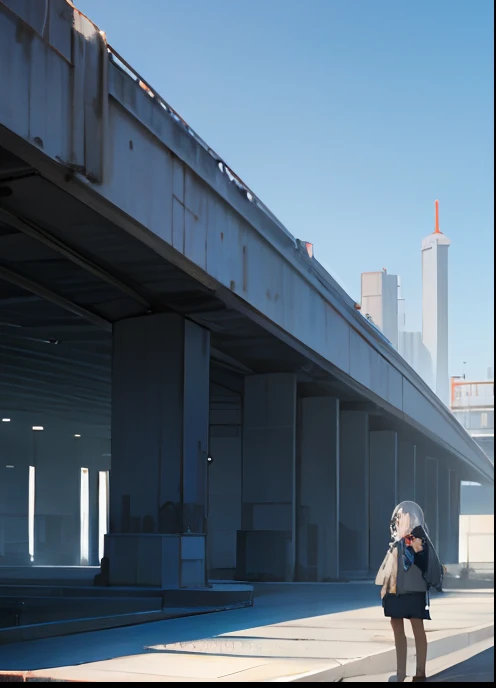 1girl, concrete structure, mega structure, sky