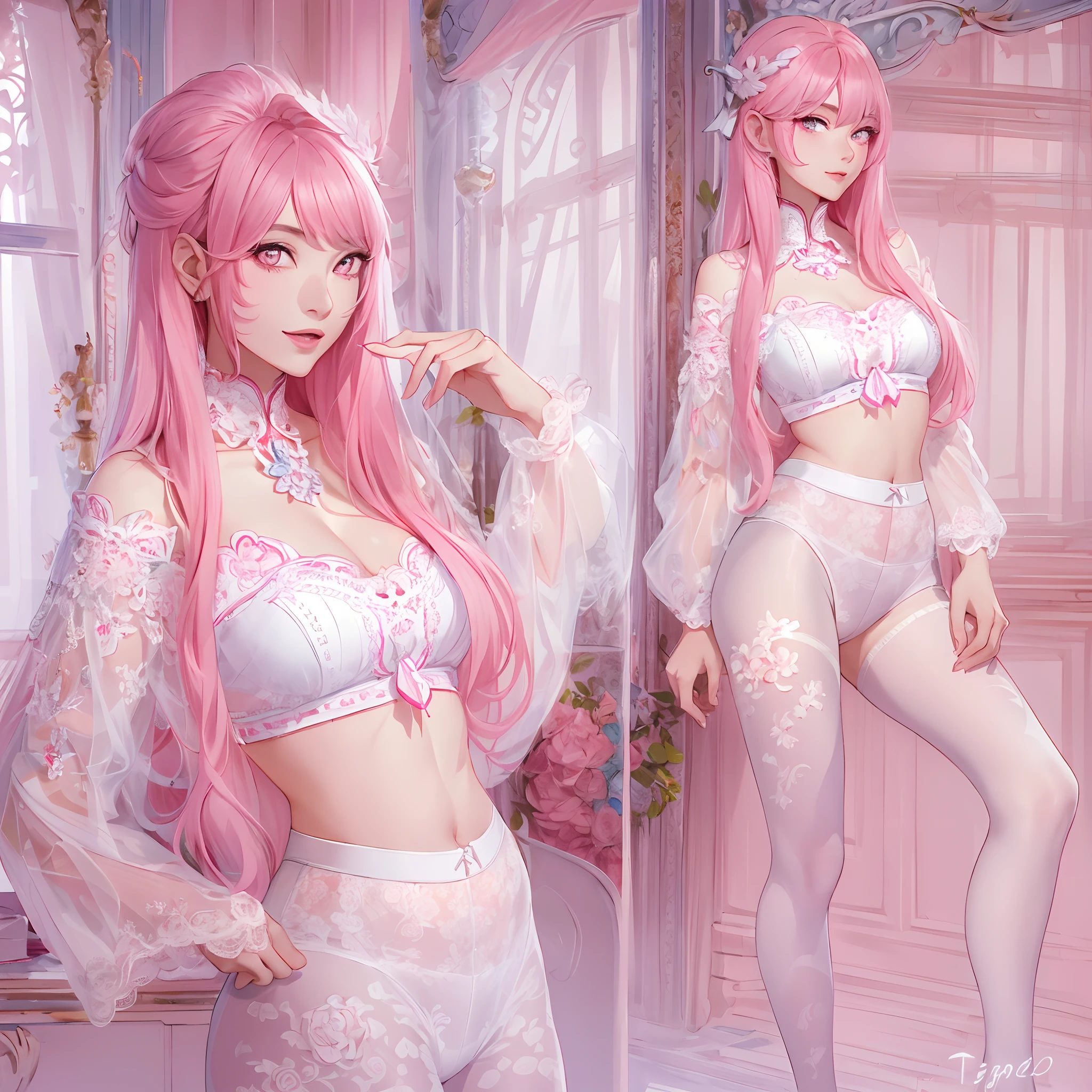 (tmasterpiece, top-quality, Ultra-detailed:1.3),1girll,(18 years old),(perfect anatomia),chinese style,A pink-haired,White background,ogle,photography of,Look to the lens,Bandeau,lacepantyhose,perfectly proportions