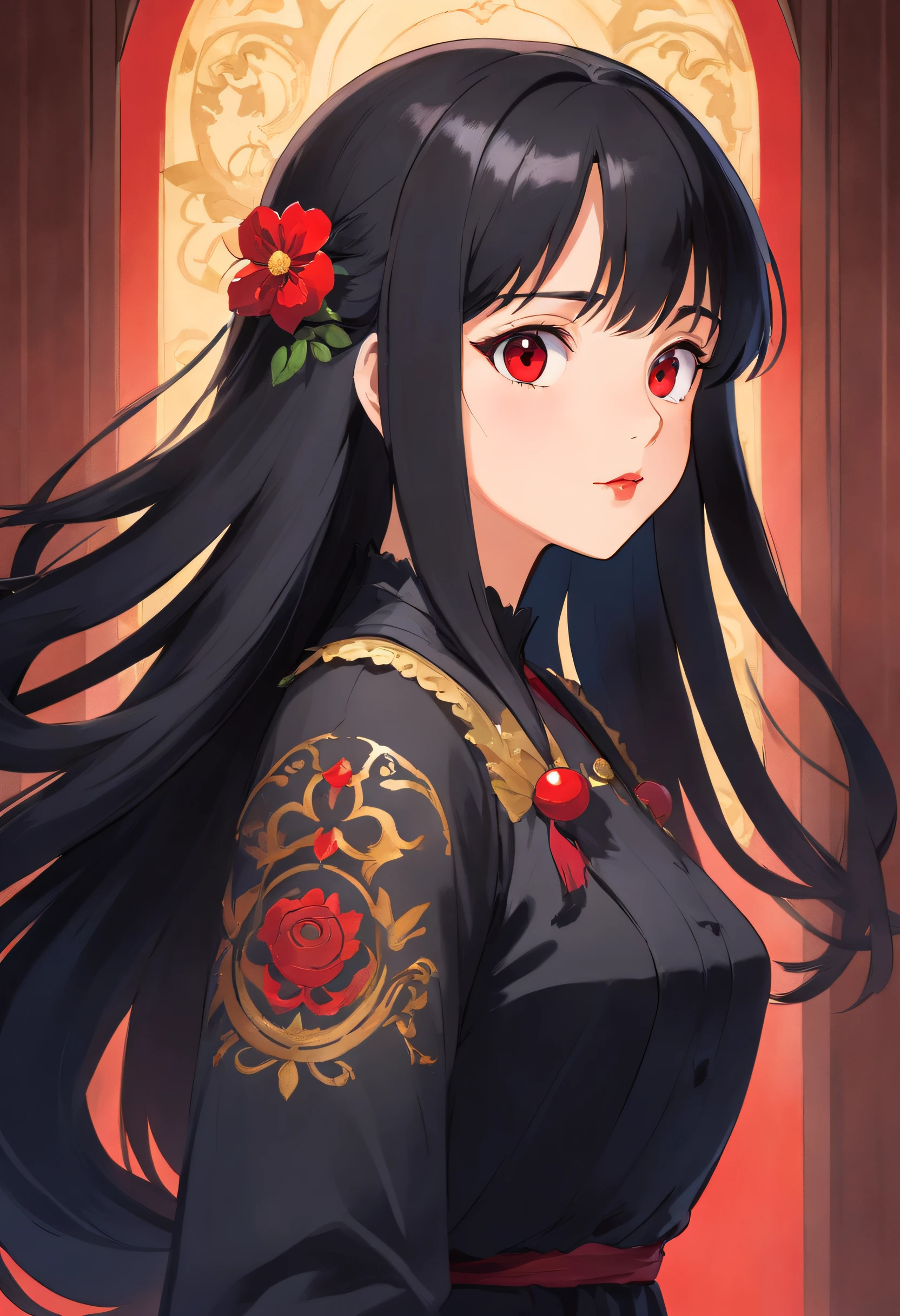 1 girl, Royal Sister Style, Black Long Hair, Black Dress, black pupils, Beautiful face, Red lips, High-end feeling, noble