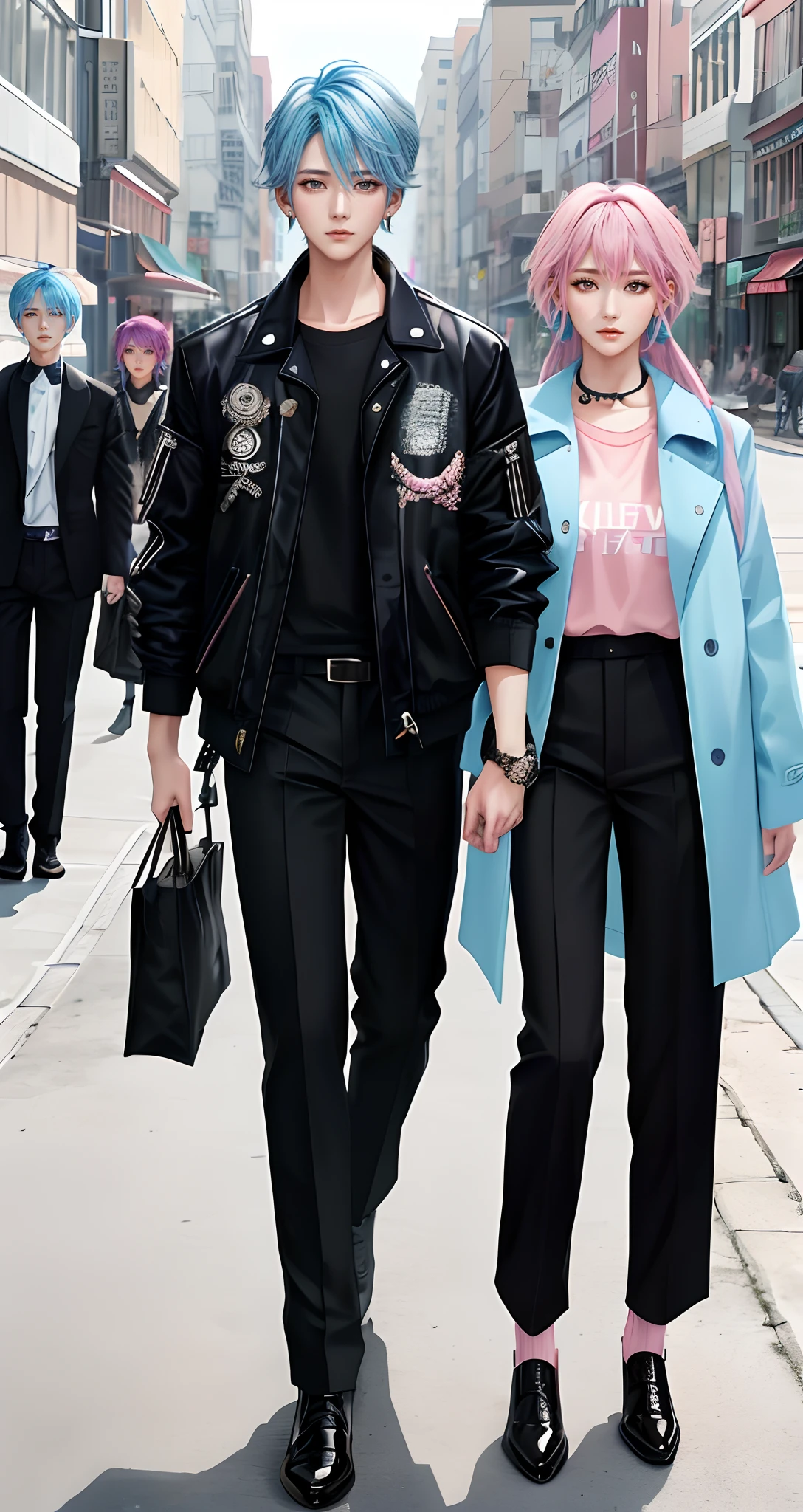 ((Male and female couples)), window, Idol Photos, Magazine covers, Photos of actors, Professional Photos, Height difference, tall male, Happiness, youthfulness, extra detailed face, detailed punk hair, very detailed character, inspired by Sim Sa-jeong, Cai Xukun's, detailed realistic faces, highly detailed realistic face, high detailed face anime, realistic detailed face, Accurate detailed face, attractive androgynous humanoid, Cool Korean fashion in black, ((With a man with light blue hair)), ((Woman with pink hair)), ((Woman with long hair below waist)), ((Man with short hair over ears)), ((Pink hair woman with gentle expression)), ((Man with light blue hair with wild expression)), high-level image quality, masterpiece, Photographed so that the whole body can be seen, Photographed to make clothes look beautiful, Take your eyes off, ((two individuals)), ((British couple))