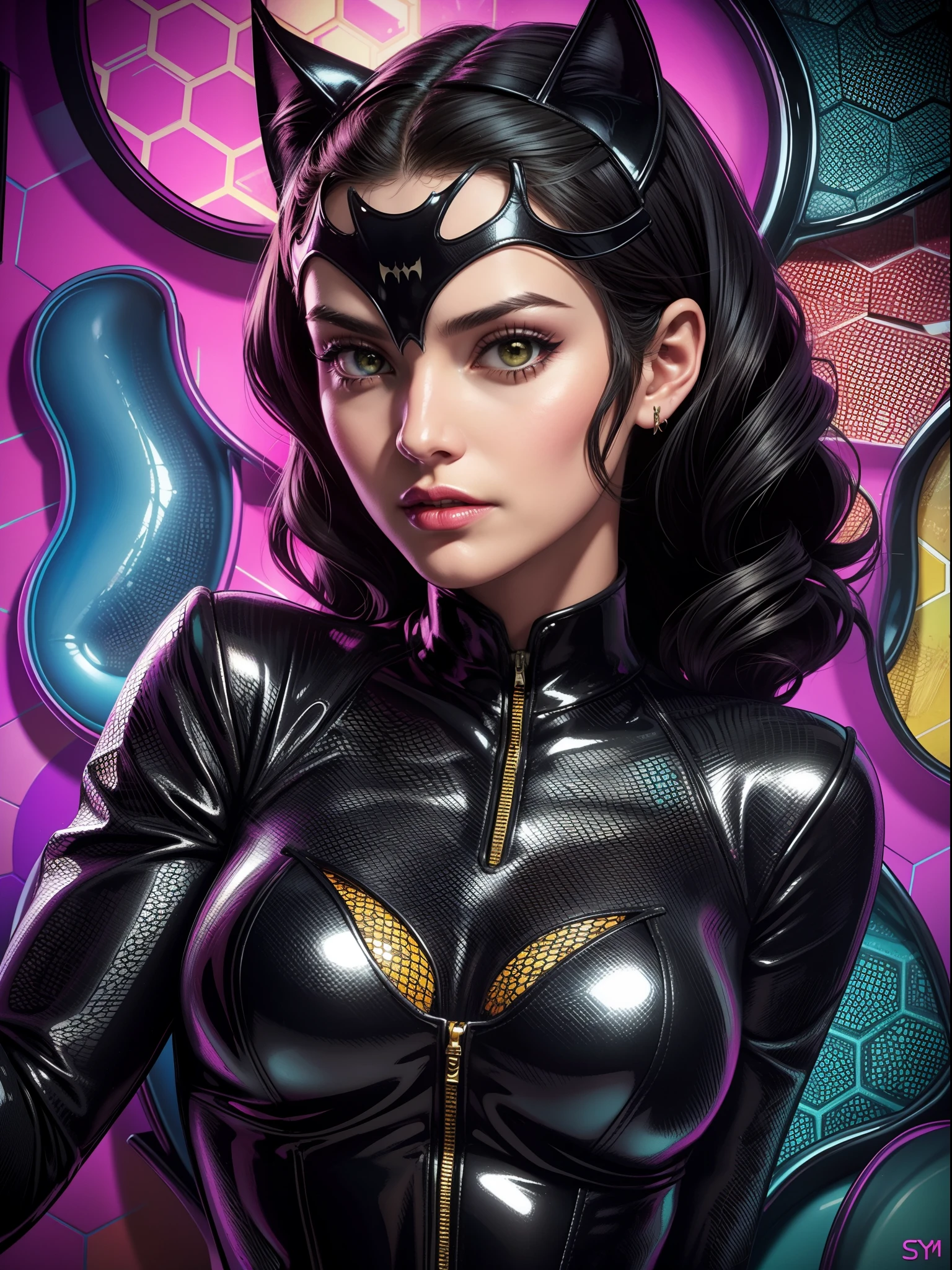 CATWOMAN de dc comics, masterpiece, Best Quality, abstract, psychedelic, neon, (honeycomb pattern), (creative:1.3), sy3, SMM, fantasía00d
