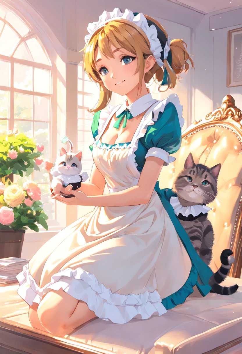 Beautuful Women, (elf queen:1.4) Sit on the throne,(Cat Maid Clothes:1.8) , Perfect face, Full body, Victorian Age, Royal Dresses, complicated decoration, spelling, Talking, Smiling, arms behind back, soft rim light, Beautiful detailed sky, masutepiece, 超A high resolution, High quality, 4K, (Photorealistic:1.2), Photo,