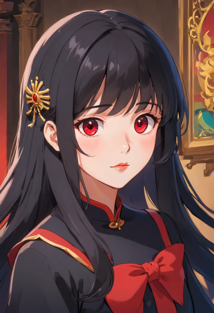 1 girl, Royal sister style, Black long hair, Black dress, Black pupils, Beautiful face, Red lips, high-end feeling, Noble