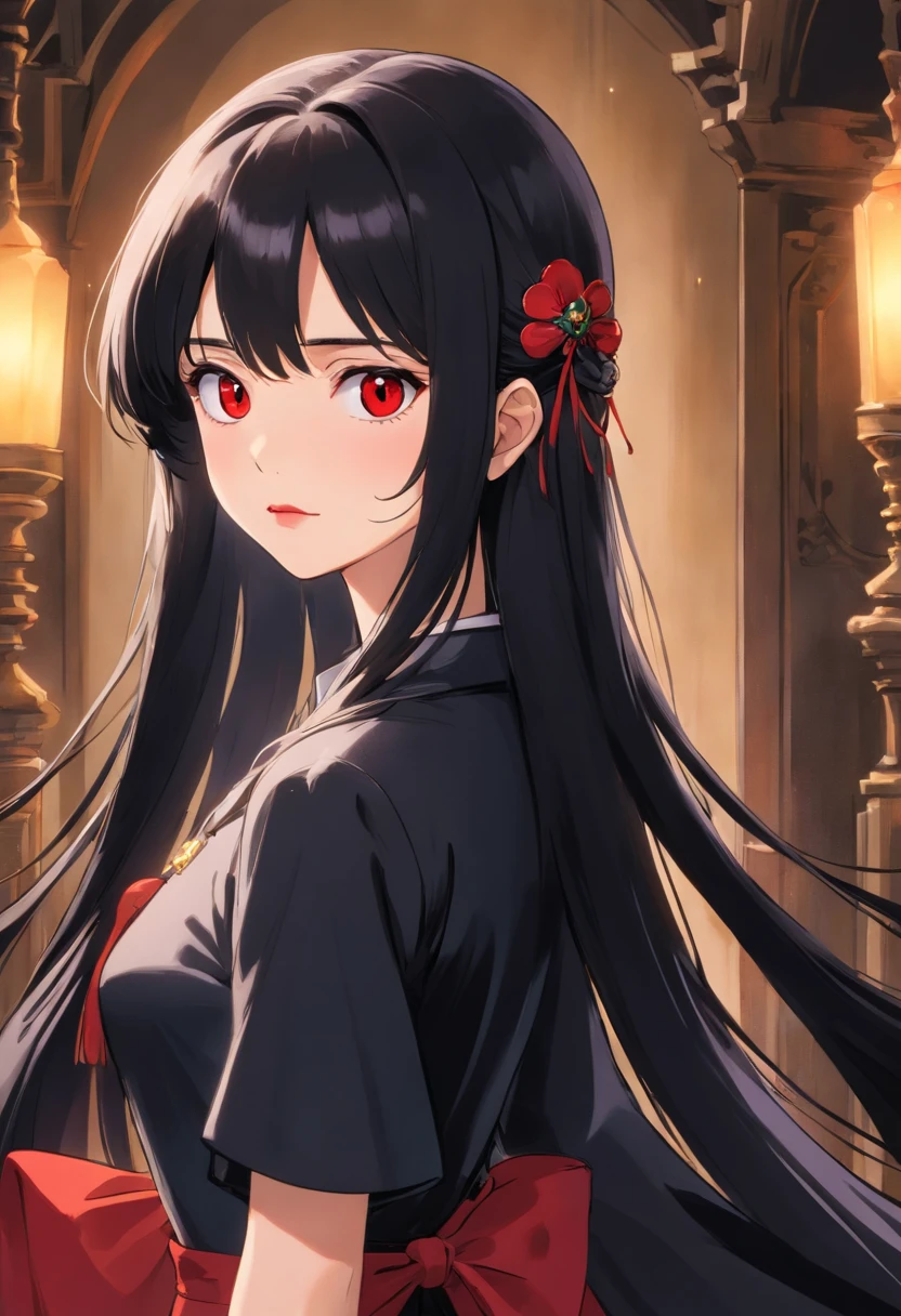 1 girl, Royal sister style, Black long hair, Black dress, Black pupils, Beautiful face, Red lips, high-end feeling, Noble