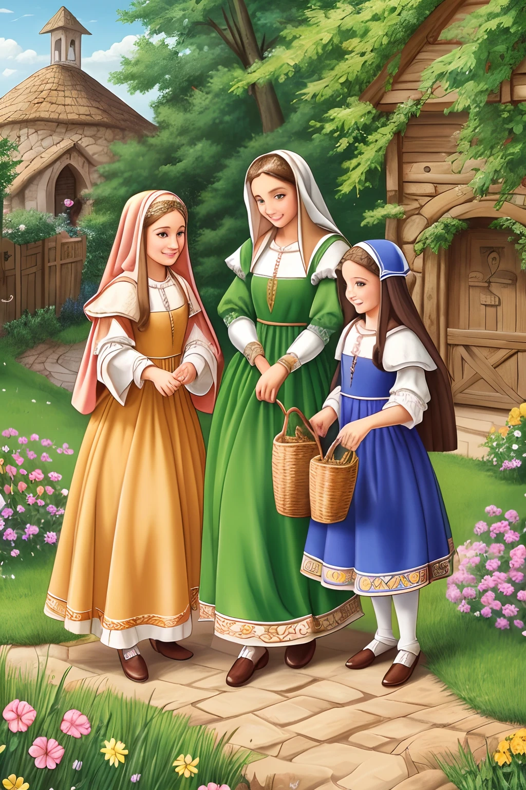 cartoon l (high resolution: 1.2),Happy moment, medieval mother and 2 daughters, go shopping at village market, cheer, bunnies and duck, beautiful detailed eyes, lush green garden, long flowing hair, traditional medieval clothes, maedieval market in background