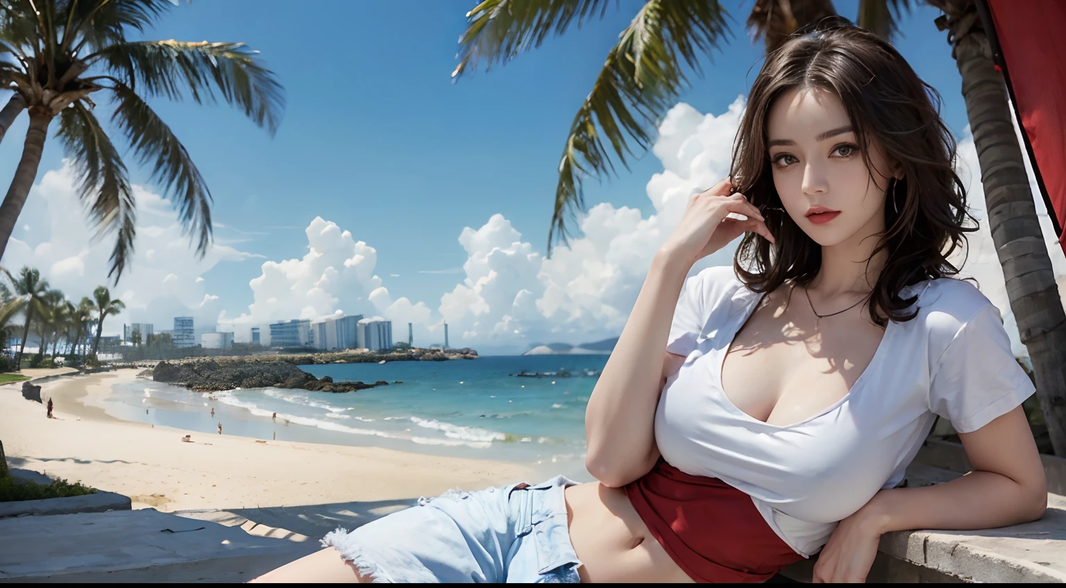 (tmasterpiece:1.4,best qualtiy),(Complicated details),Unity 8k壁纸,ultra - detailed,Long wavy,curled,Long waves,Long blonde hair,Purple pupils,((gigantic cleavage breasts)),((Denim vests do not wear underwear,Expose your chest,exposing your navel:1.5)),(Super short skirt:1.5),sitting on the stone,The scenery behind you is beautiful,Wide crotch,The photo contains the upper body and thighs,ellegance,womanly,carismatic,Red Jewel,Blush Eyeshadow,Pure desire,((Legs crossed)), Dynamic angles and poses,Dutch angle