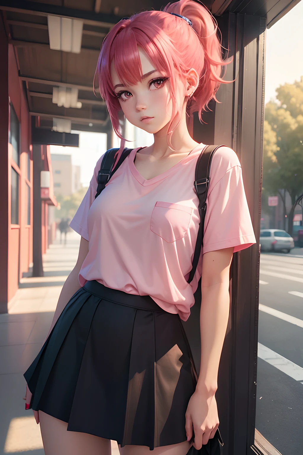 1girl, short vibrant red-pink hair with a little ponytail, red-pink eyes, slightly oversized white with chest pocket elbow-length high school shirt tucked into a school black skirt, city, high res, ultrasharp, 8K, masterpiece, looking at viewer, anime style
