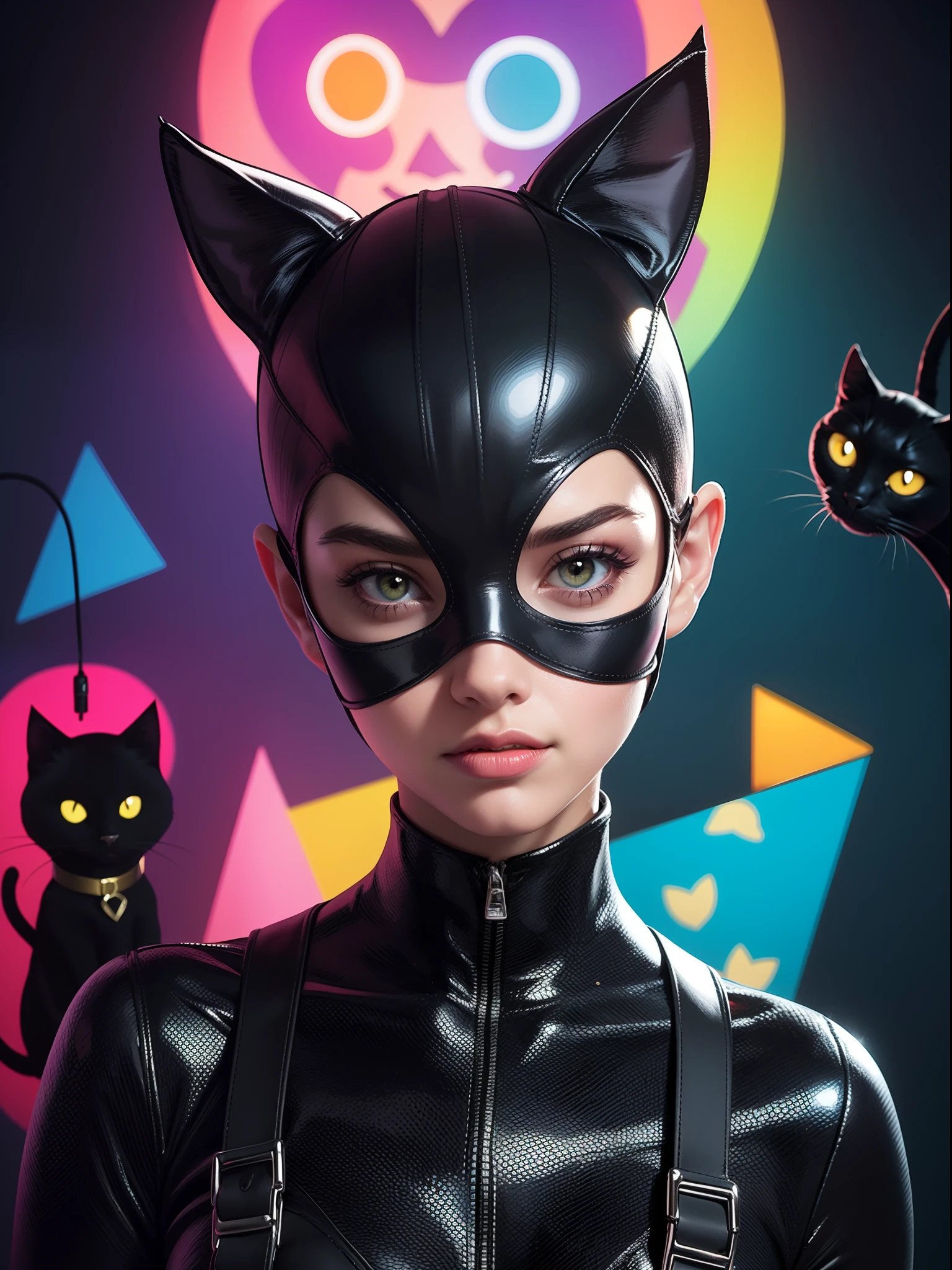 Masterpiece, Best quality, Catwoman from DC Comics,Black tight rubber overalls,face guard,blindfolds,Black cat ears,abstracted, Psychedelic, neonlight, (honeycomb pattern), (Creative:1.3), Sy3, SMM, Fantasy00d,dynamicposes