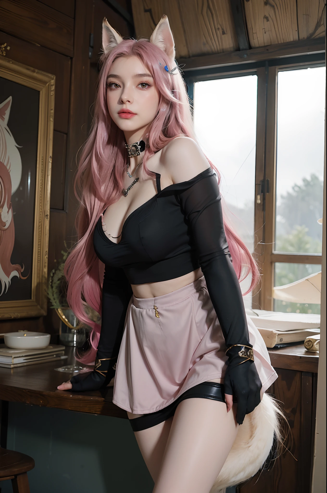 best quality,masterpiece,8k wallpaper,absurdres, highres, ultra detailed, (ung beautiful girl, solo:1.1),realistic,k/da (league of legends), solo, animal ears,gloves, fox ears, hair ornament, long hair, blonde hair,blue eyes, whisker markings, fingerless gloves, pink hair,multicolored hair,official alternate costume, asymmetrical clothes, makeup, facial mark, hairclip, breasts, skirt, thigh strap, lips, gradient hair, fox tail, single glove,fox tail, (nine-tailed fox (mythological creature):1.3),Fairyland: A place where fairies and other magical creatures live,BREAK