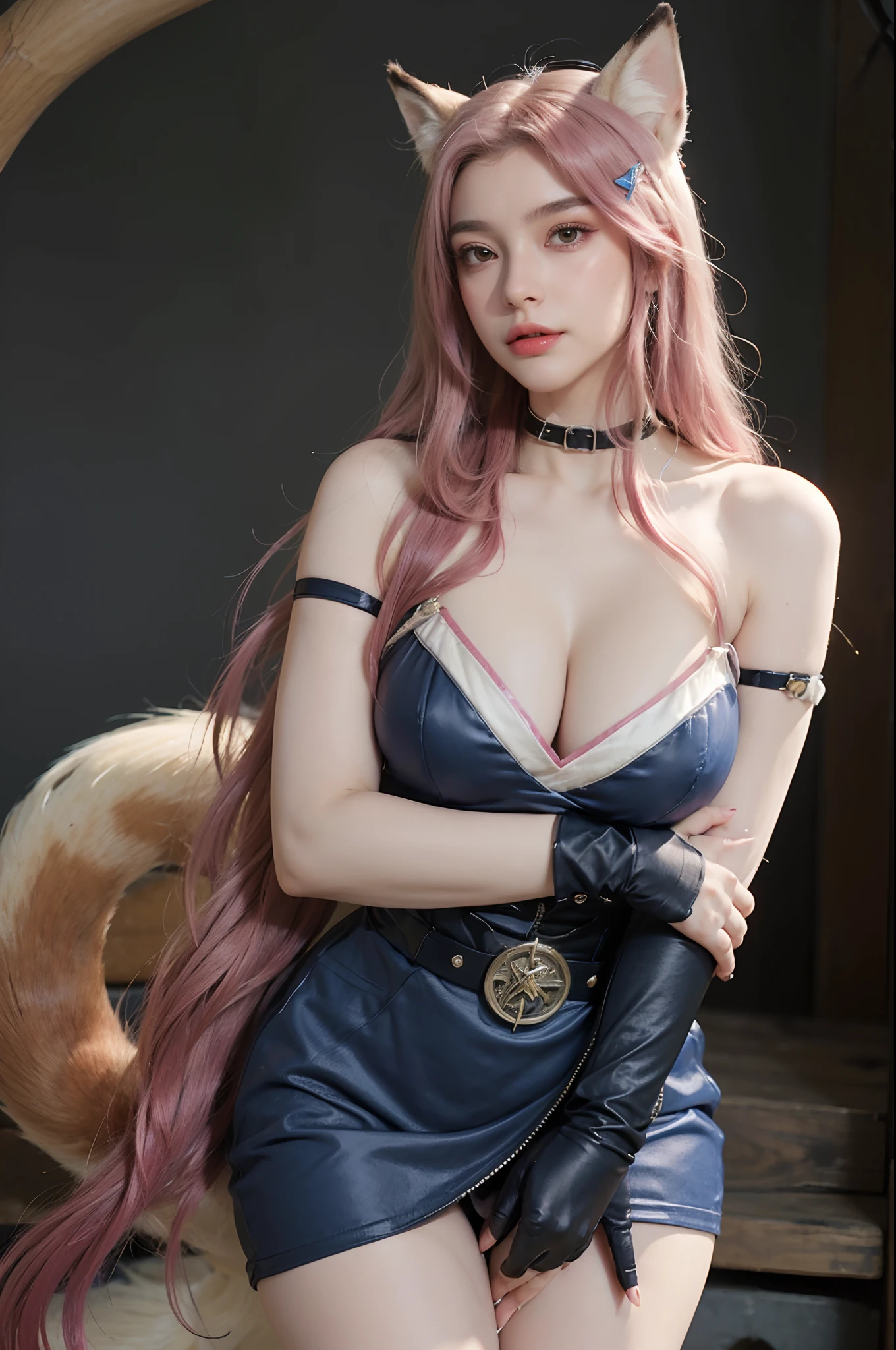 best quality,masterpiece,8k wallpaper,absurdres, highres, ultra detailed, (ung beautiful girl, solo:1.1),realistic,k/da (league of legends), solo, animal ears,gloves, fox ears, hair ornament, long hair, blonde hair,blue eyes, whisker markings, fingerless gloves, pink hair,multicolored hair,official alternate costume, asymmetrical clothes, makeup, facial mark, hairclip, breasts, skirt, thigh strap, lips, gradient hair, fox tail, single glove,fox tail, (nine-tailed fox (mythological creature):1.3),Fairyland: A place where fairies and other magical creatures live,BREAK