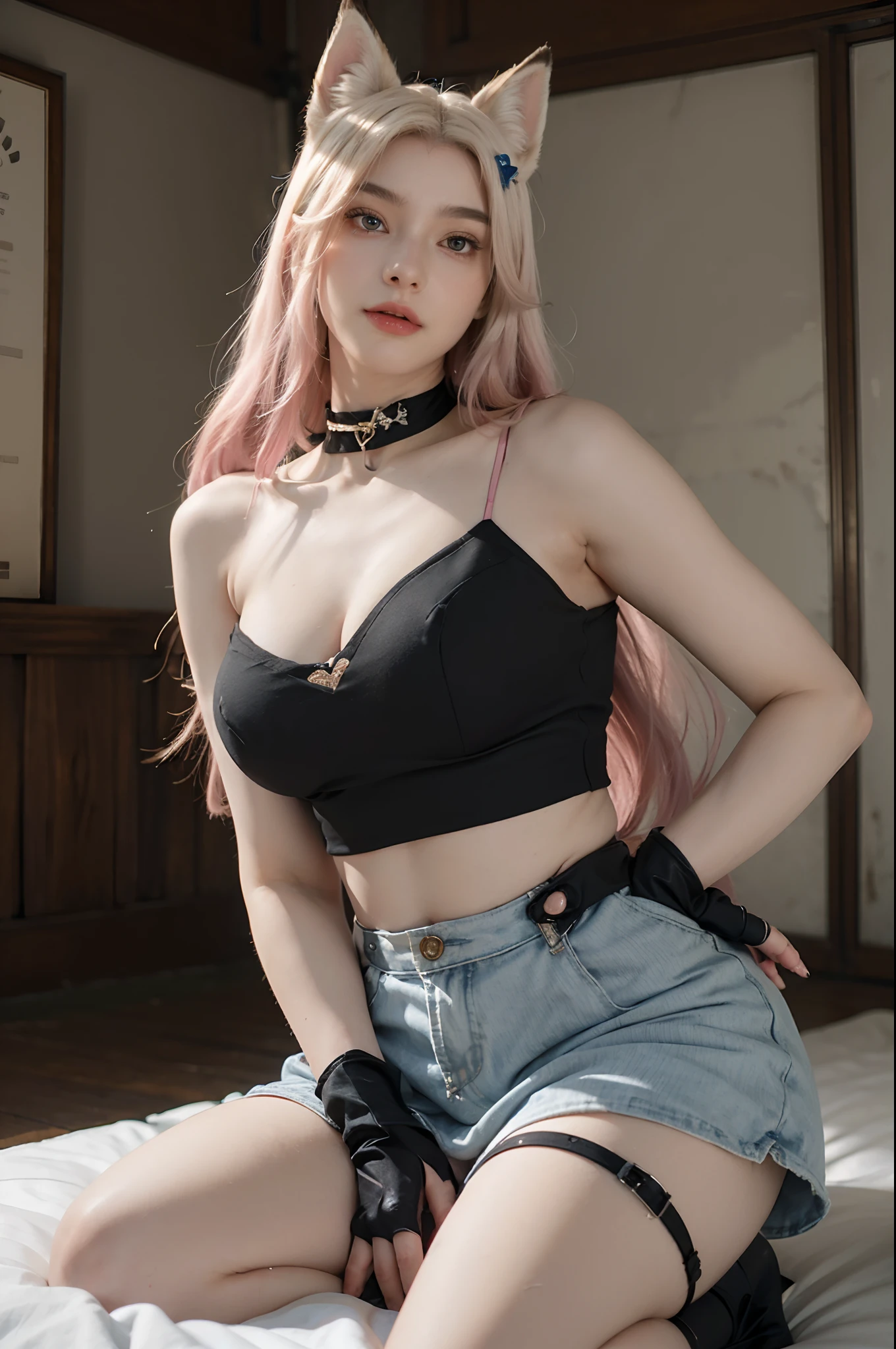 best quality,masterpiece,8k wallpaper,absurdres, highres, ultra detailed, (ung beautiful girl, solo:1.1),realistic,k/da (league of legends), solo, animal ears,gloves, fox ears, hair ornament, long hair, blonde hair,blue eyes, whisker markings, fingerless gloves, pink hair,multicolored hair,official alternate costume, asymmetrical clothes, makeup, facial mark, hairclip, breasts, skirt, thigh strap, lips, gradient hair, fox tail, single glove,fox tail, (nine-tailed fox (mythological creature):1.3),Fairyland: A place where fairies and other magical creatures live,BREAK