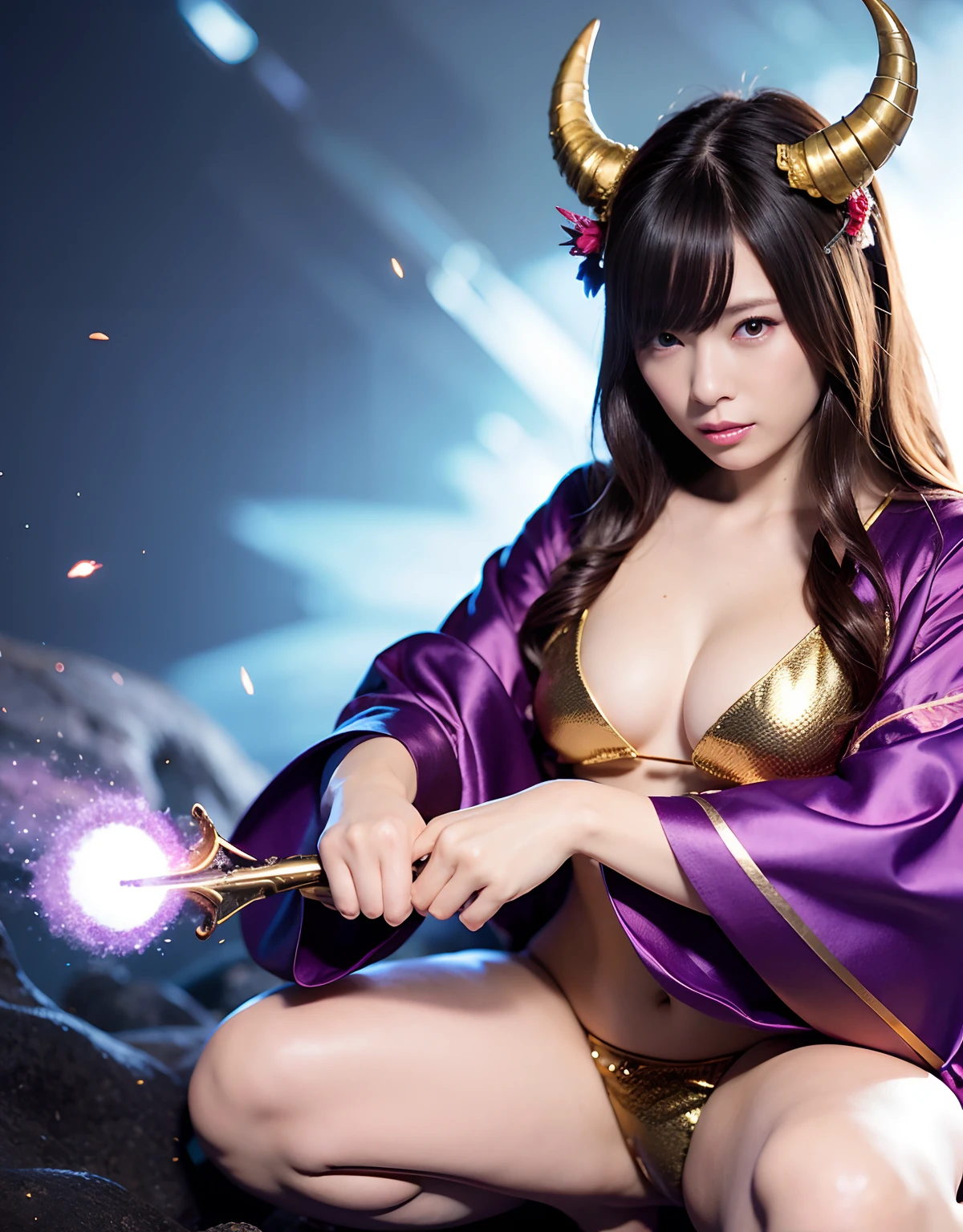 ((World of Darkness)),Professional , masterpiece、top-quality、photos realistic , depth of fields 、Dark Fantasy、(Ultimate Beauty)、(shooting stars:0.9)、(nebulas:1.3)、A dark-haired、(White bikini armor)、(Mystical expression)、(The fox has five tails)((Fight dragons)),(Wear a beautiful kimono),(Wear a beautiful kimono with colorful floral patterns)、Jewel Gold Weapon、Particles of light),(Has a devil's mask)、Gorgeous gold weapons ,(( Gorgeous Dragon Sword)) , (Fox Mask),,(maikurobikini) 、((Black Haired Beautiful Girl))、(Castle background)、(demonic wings)、((Gangle's forest background))、Beautiful Caucasian beauty、1a person、dynamic ungle,(((Two devil's horns on the head)))、Smaller head、Idle Smile、Thin and beautiful female hands、Mystical expression、Light Effects、intense fighting、Wind-effect、magic circles、With the legendary magic wand、Dragon's tail、