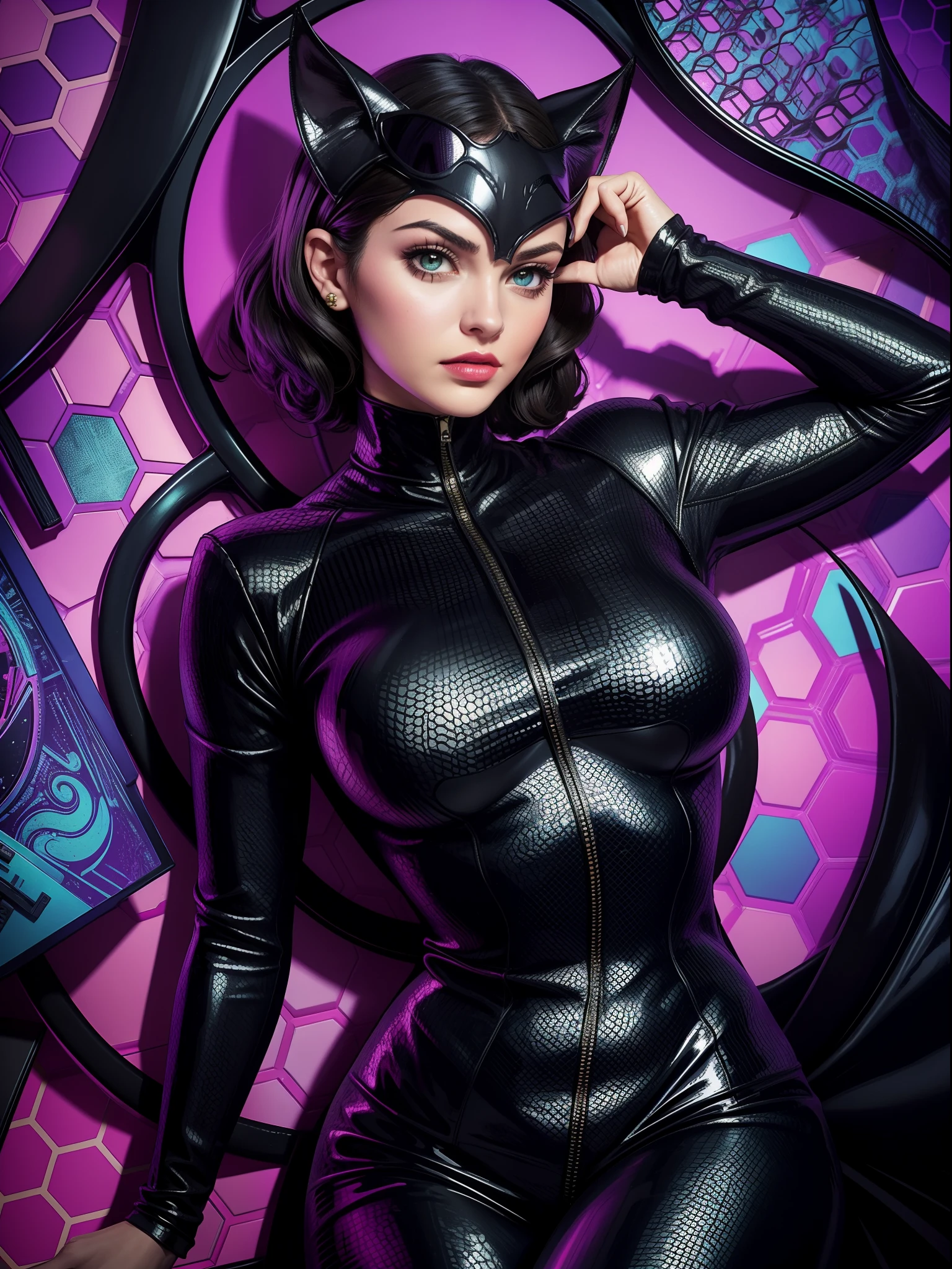 Catwoman from DC Comics, Masterpiece, Best quality, abstracted, Psychedelic, neonlight, (honeycomb pattern), (Creative:1.3), Sy3, SMM, Fantasy00d