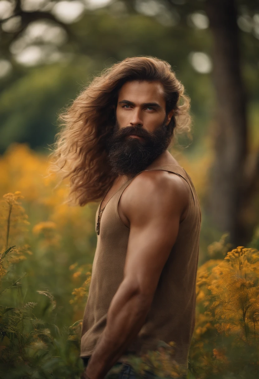 uma mulher linda e um homem de barba, with big hair this man is handsome, are in a country full of animals and birds