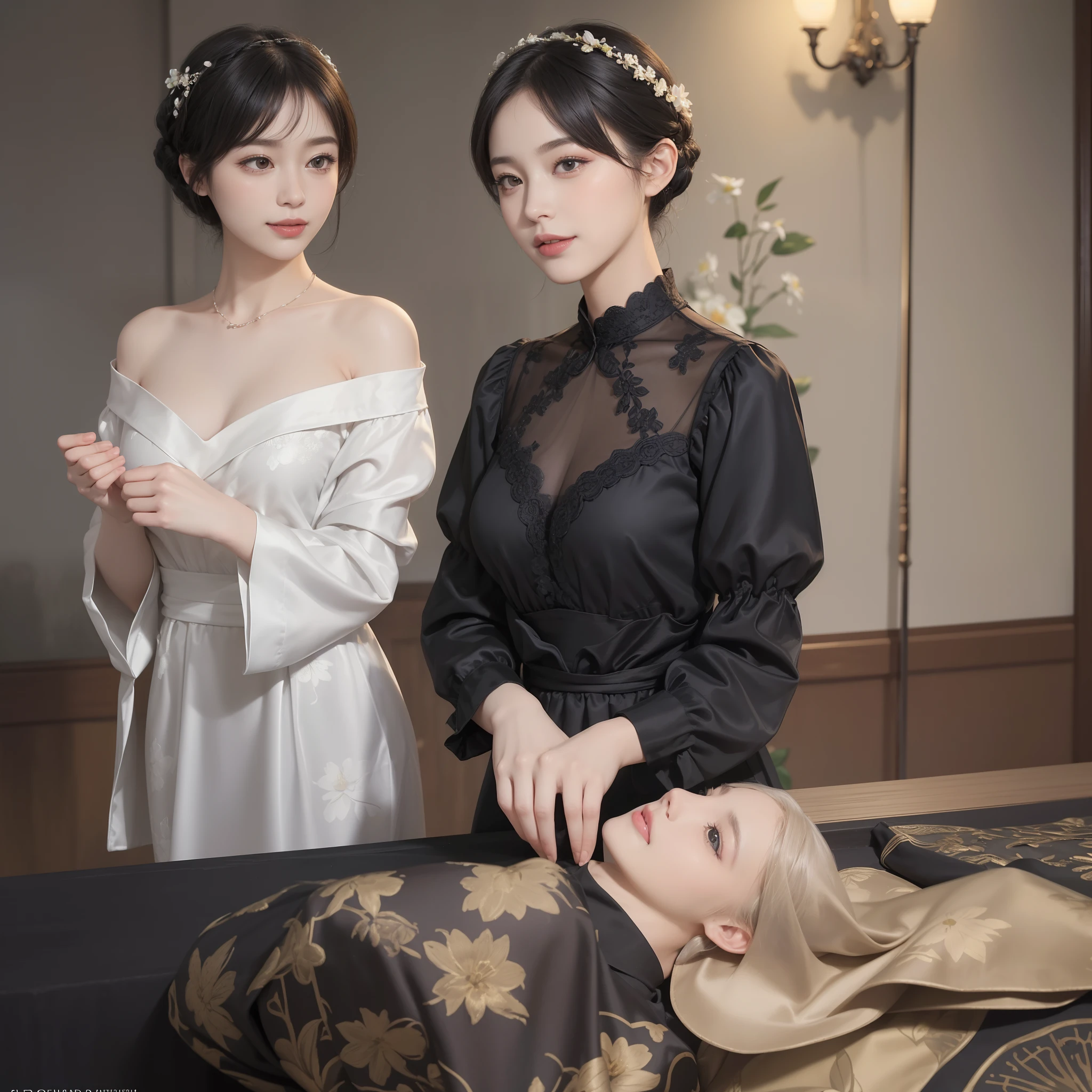 ((Best Quality))), (8K picture quality), ((Masterpiece)), (Very sophisticated、Beautiful fece), (wearing dresses) , (1womanl), (black-short-hair), Dress up, with floral pattern, Soft silk fabric, 电影灯光, Gentle facial expressions, (A slight smil:1.3), ((lightand shade contrast)), Luxurious interior windowsill, ((breast))