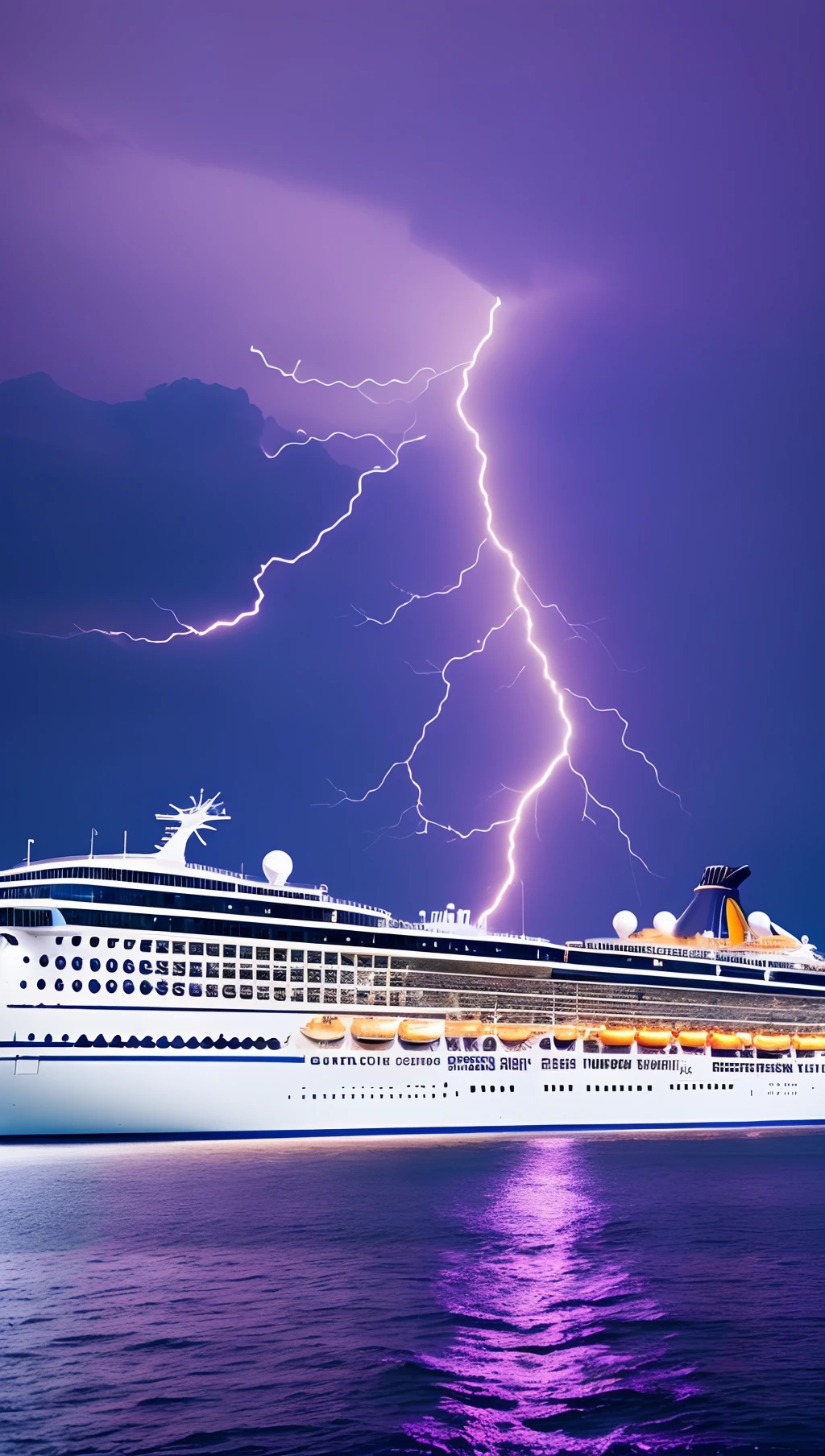 A huge cruise ship is sailing alone in the waters, blue waters, black sky, there are purple lightnings in the sky, high detail of the face, 8k --auto --s2
