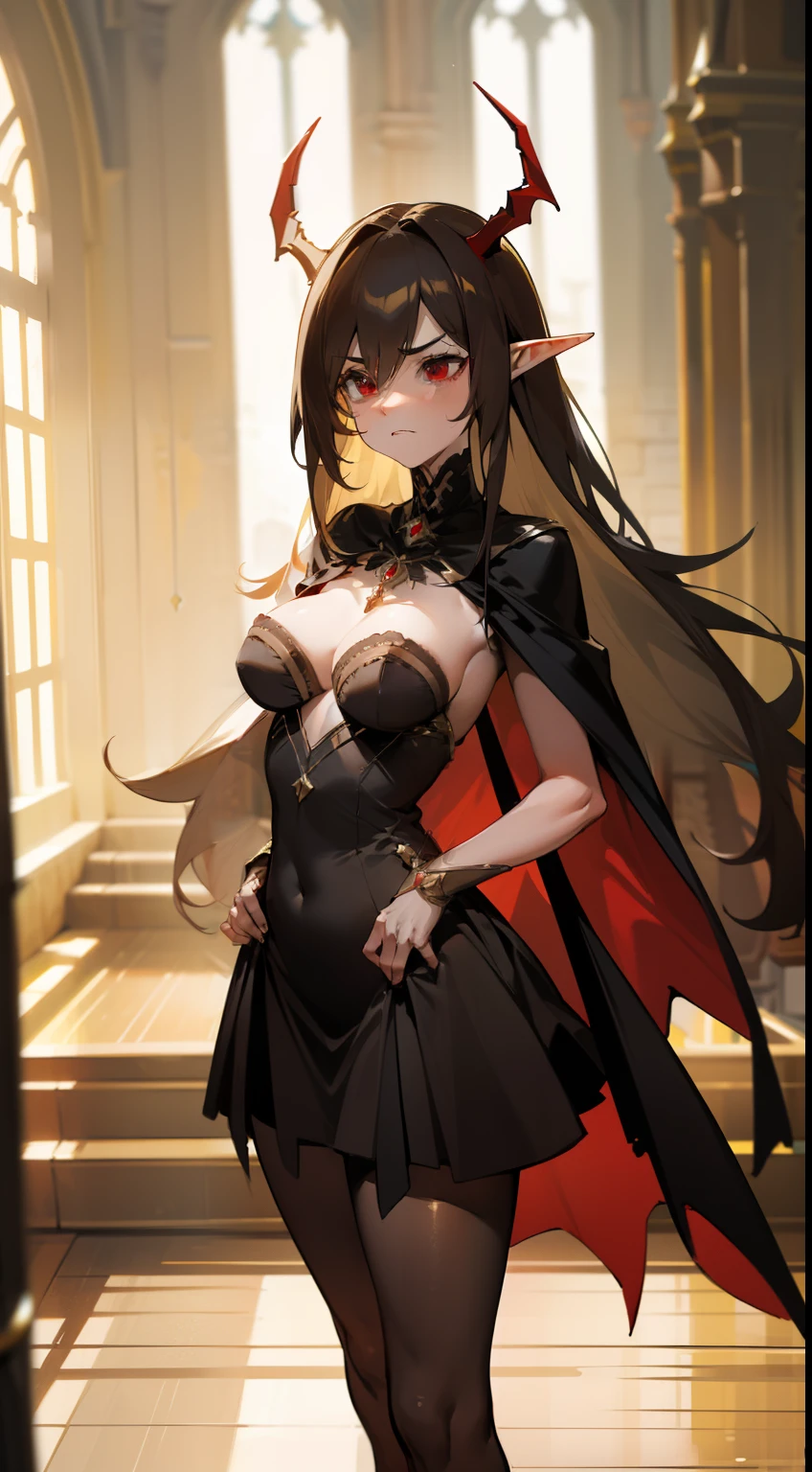 1woman,40 years,madure woman,solo,angry face,golden and black short dress,medium tits,dark hair,long hair,red eyes,elves ears,golden horns,pantyhose,cape,(((standing in front of a room inside a castle)))