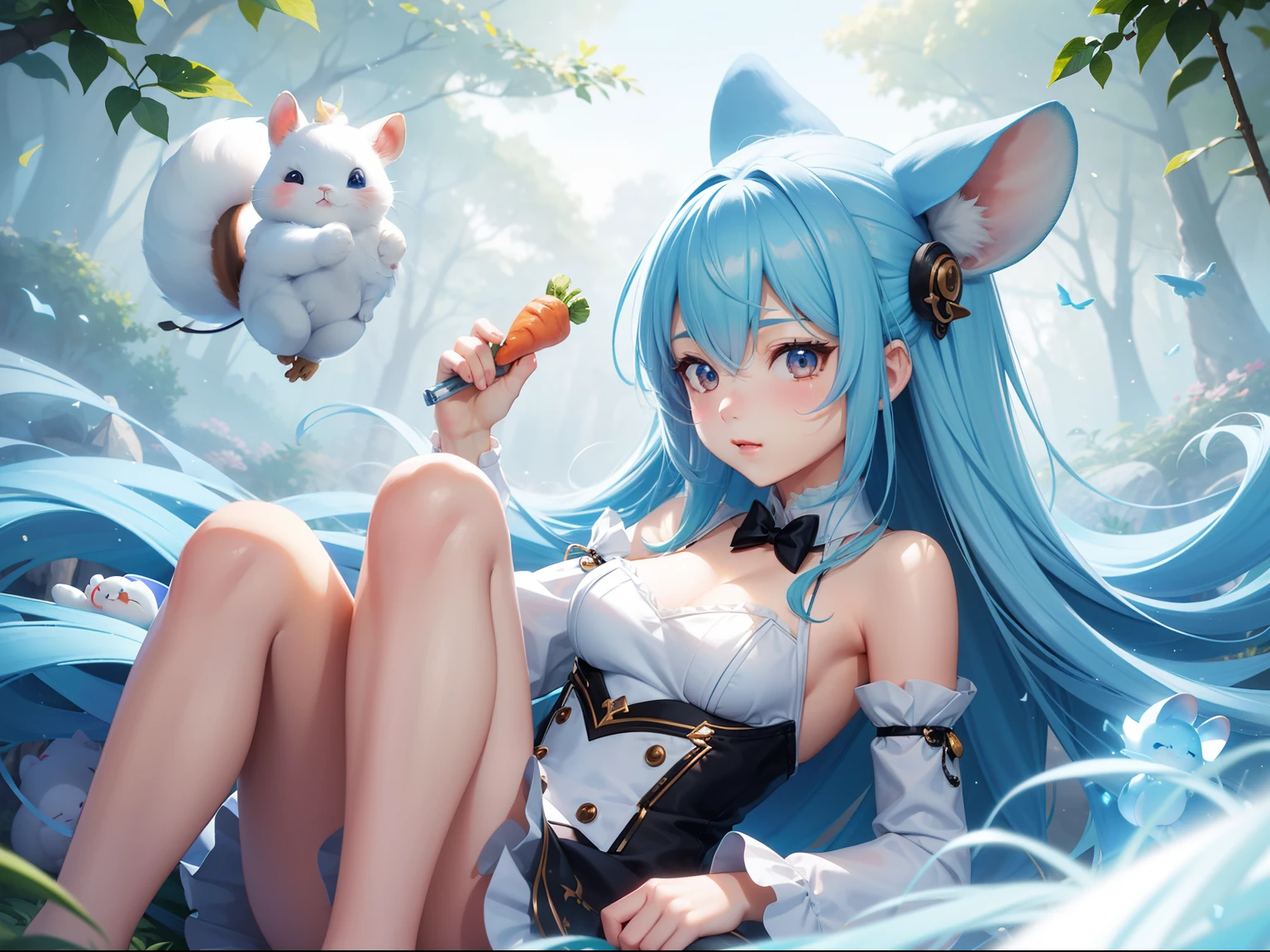 There is a little white rabbit with a carrot in his hand,  Chibichara　A cute girl with blue hair is also with me。It is a cute white and blue costume。Dark eyes。cute forest creature, Cute mushrooms also grow、Adorable Digital Painting, cute detailed digital art, the squirrel king, Cute digital art, cute cartoon characters, cute character, CuteCreatures, Cutie, official illustrations, Official art, squirrel, maplestory mouse, astri lohne,  cute 3d render
