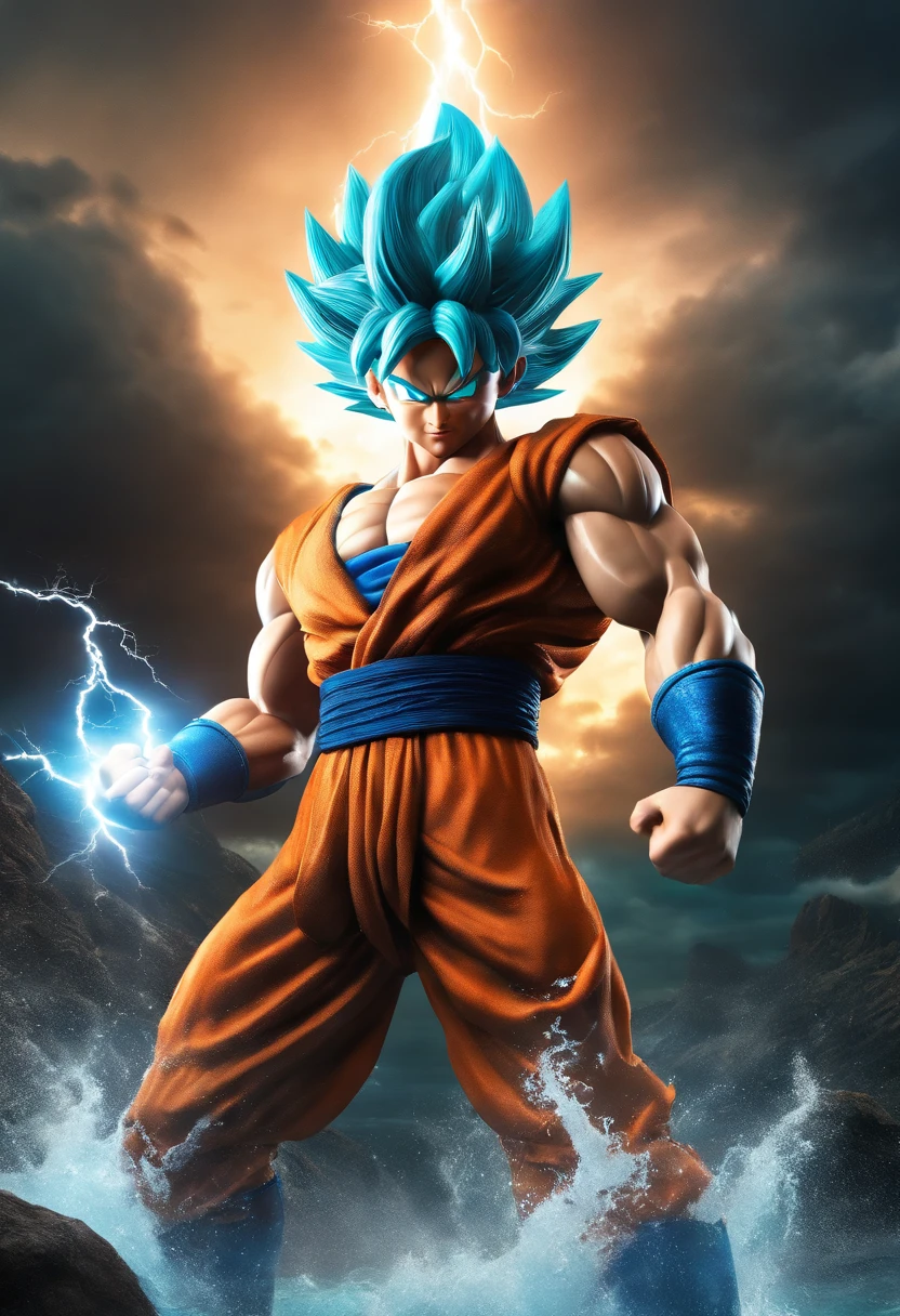 Realistic 3D rendering of Goku Super Saiyan fused Aquaman, surrounded by lightning, grande musculatura, fotografia de corpo inteiro, hiper-realista