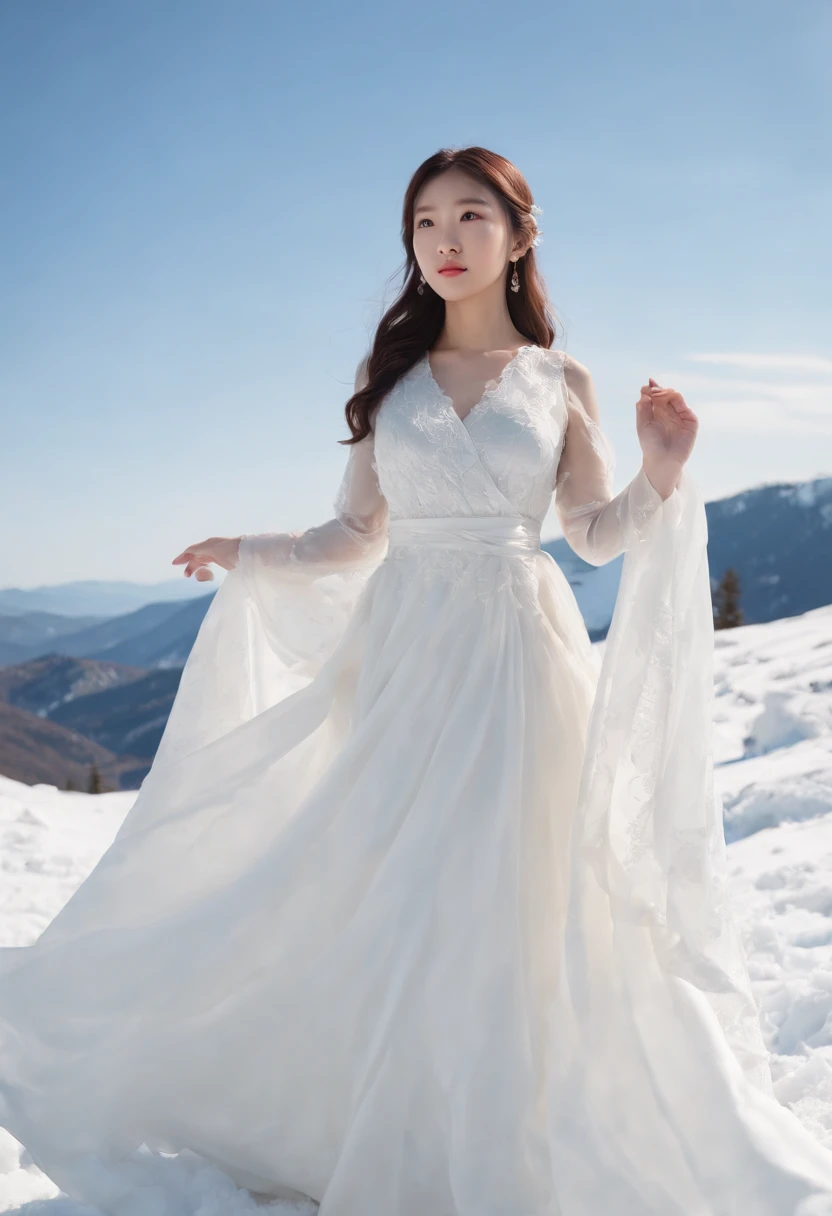 Kikurihime Hakusan, Goddess standing on snowy white mountain。Kikurihime's background is a cloudless blue sky。