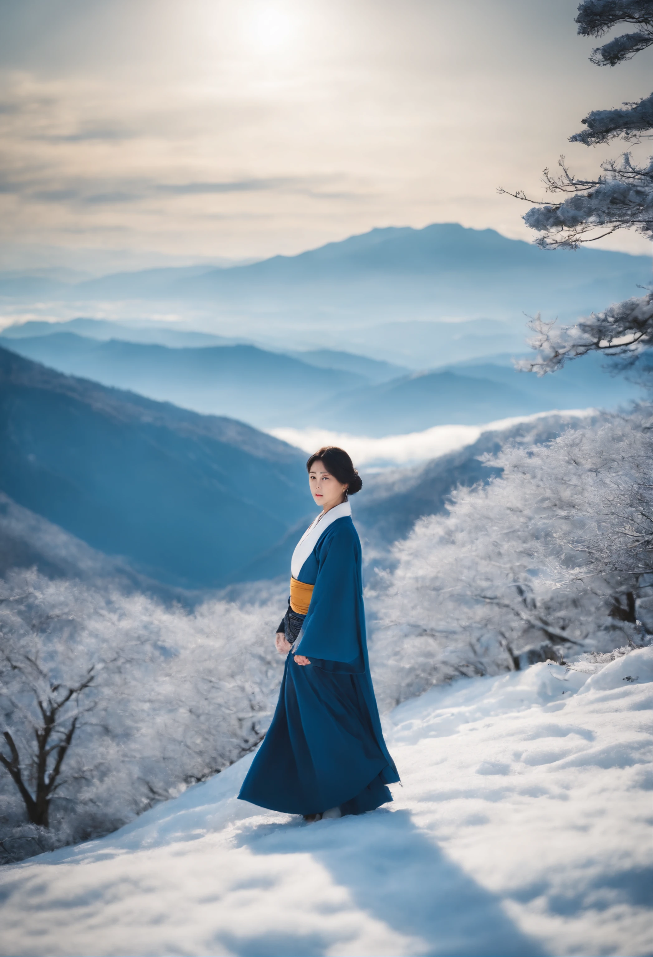Kikurihime Hakusan, Goddess standing on Hakusan mountain white with snow。Kikurihime's background is a cloudless blue sky。