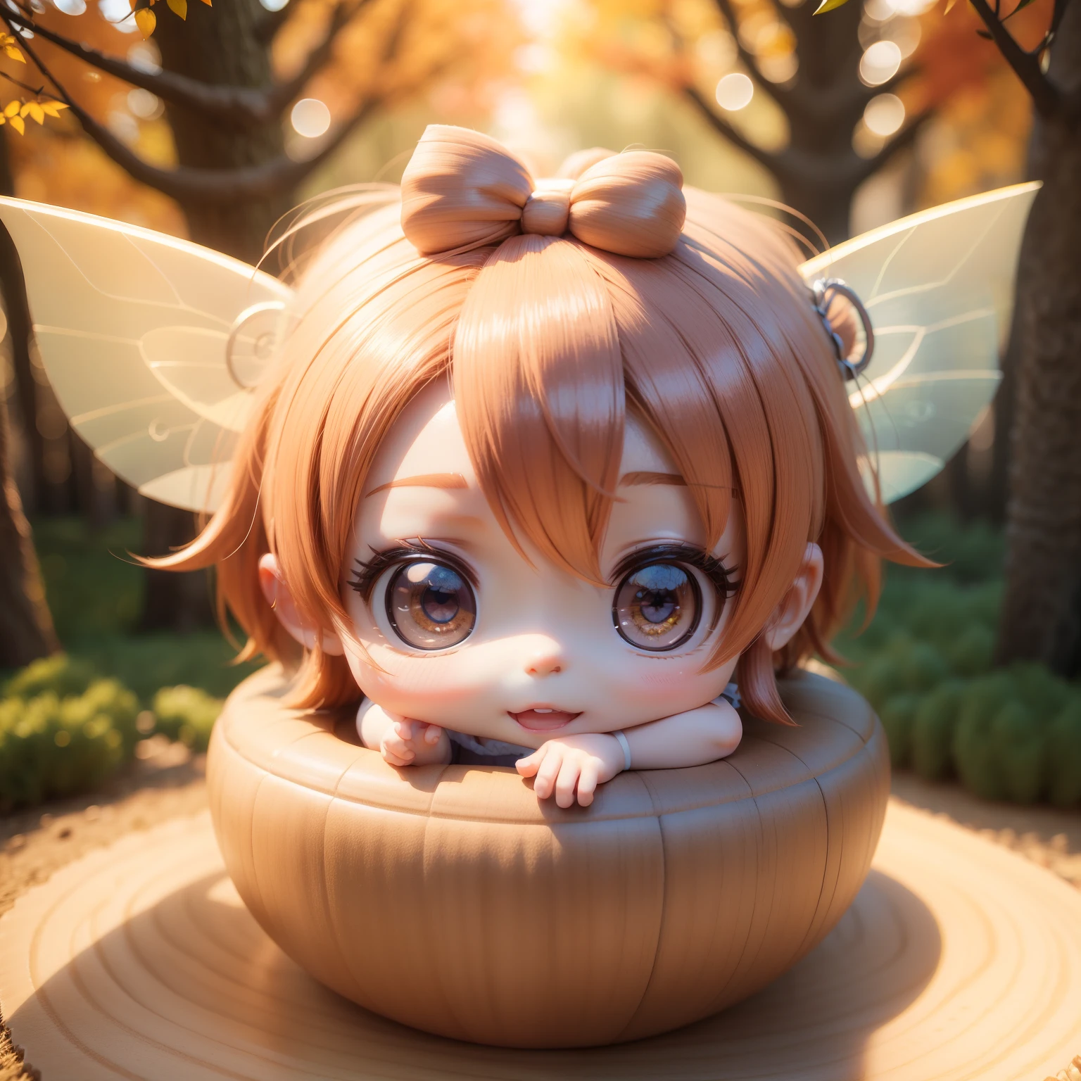 Cute Baby Chibi Anime,(((Chibi 3D))) (Best Quality) (Master Price)、(Chibi Fairy:1.3)、sprawl、Open your mouth and smile、Cheek down pose、A detailed face、Fairytale autumn forest in the morning sunshine、a small face、Oblique side view