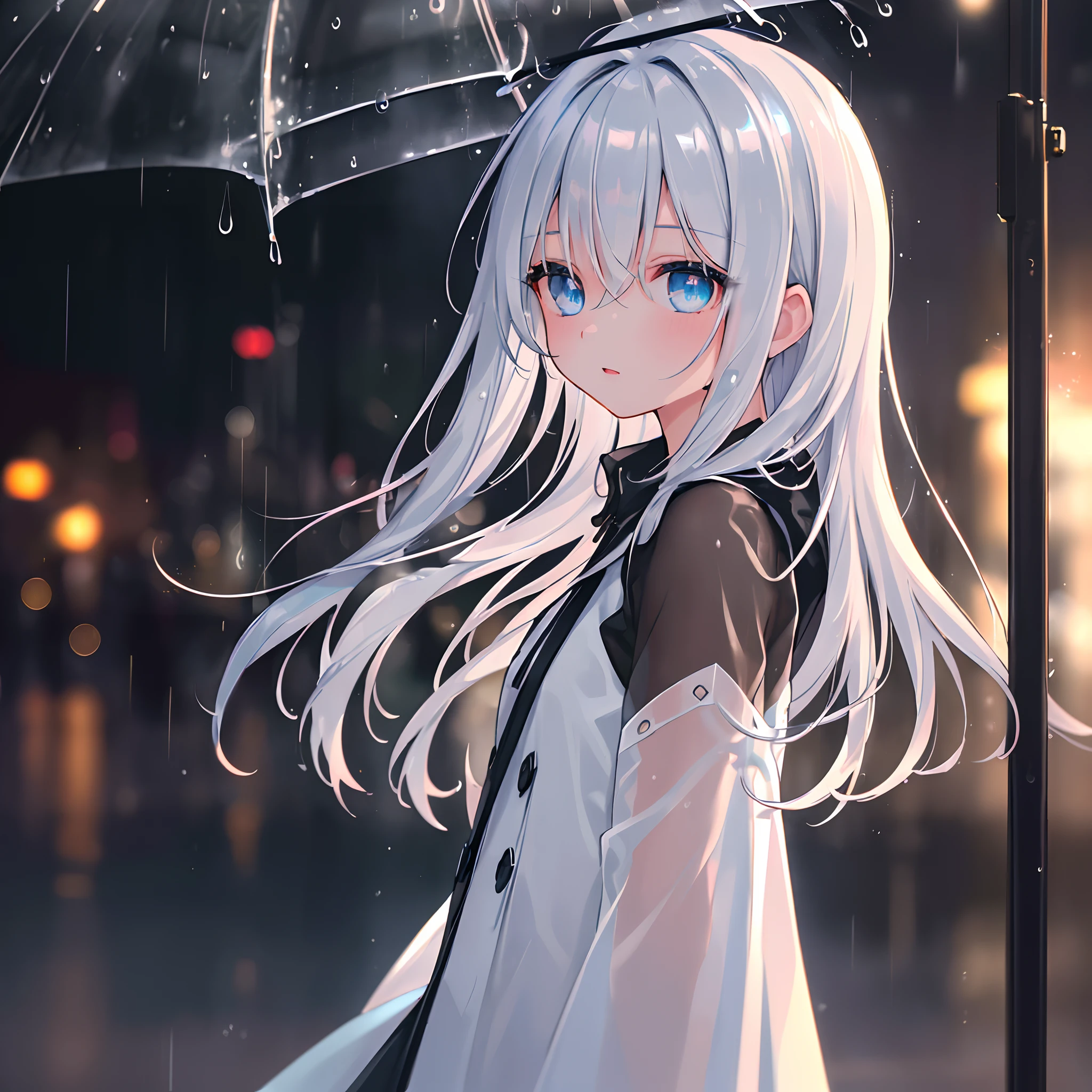 (masterpiece:1.21), (best quality:1.331), ((ultra-detailed)), ((extremely best illustration)), ((amazing)), (hyper quality), Gorgeous and rich graphics,
(extremely delicate and beautiful:1.21), 8k, wallpaper, (extremely beautiful lighting), hard light, delicate composition, (perfect conposition), (extremely beautiful and detailed background:1.21), rembrandt style expression of light and shadow, dark tone, (low-key and high-variance colorscale), ((depth of field)), deep shadow,
dynamic angle, from side, upper body, radial blur,
rain, (city lights, blurry background),
(1girl),(beautiful detailed eyes), clear blue eyes, long and silver french braid hair,
fatigues,
transparent raincoat, wet clothes and wet skin and dripping wet hair,
lens flare, string lights, street,, masterpiece, best quality,