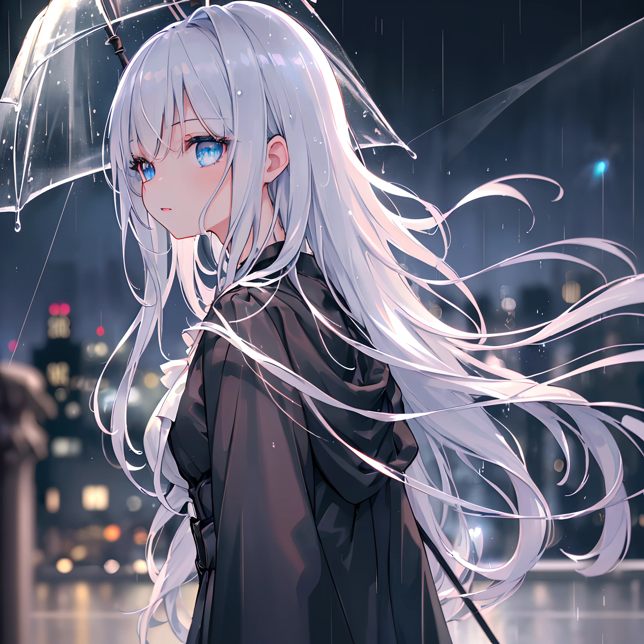 (masterpiece:1.21), (best quality:1.331), ((ultra-detailed)), ((extremely best illustration)), ((amazing)), (hyper quality), Gorgeous and rich graphics,
(extremely delicate and beautiful:1.21), 8k, wallpaper, (extremely beautiful lighting), hard light, delicate composition, (perfect conposition), (extremely beautiful and detailed background:1.21), rembrandt style expression of light and shadow, dark tone, (low-key and high-variance colorscale), ((depth of field)), deep shadow,
dynamic angle, from side, upper body, radial blur,
rain, (city lights, blurry background),
(1girl),(beautiful detailed eyes), clear blue eyes, long and silver french braid hair,
fatigues,
transparent raincoat, wet clothes and wet skin and dripping wet hair,
lens flare, string lights, street,, masterpiece, best quality,