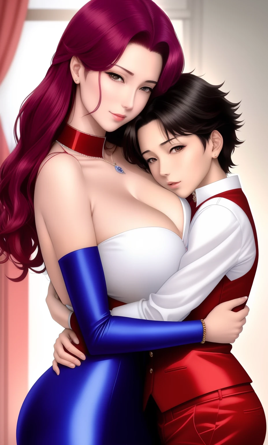 tmasterpiece，best qualityer，(There are only two people:1.3)，Absolutely beautiful，A mature woman and one (Very little:1.2) Boy, Mother and son hug，hugs，huge tit,  ecchi anime style, ecchi style, full color manga visual style, Shoujo Manga