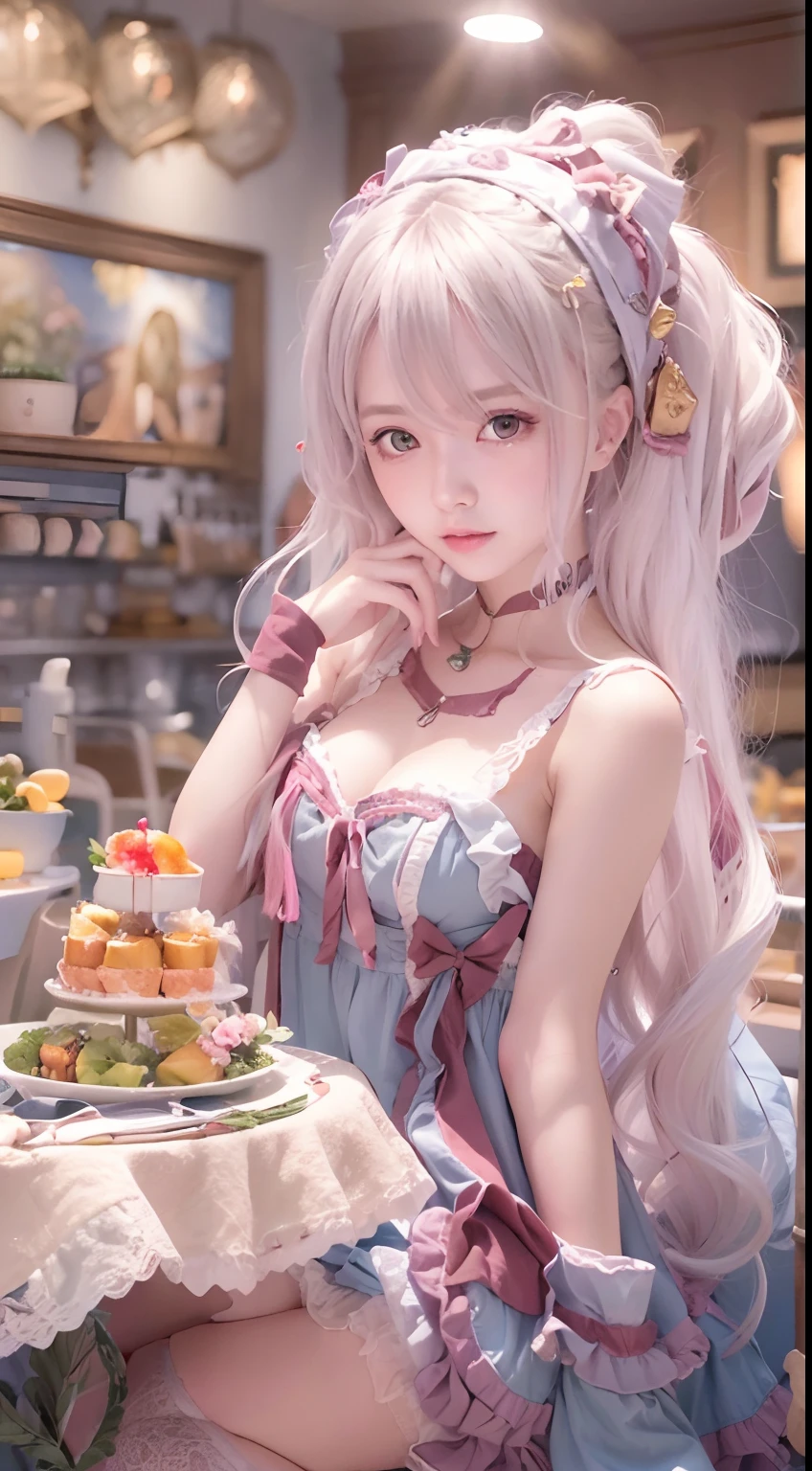 (Masterpiece, Best quality, Masterpiece,Best quality,offcial art, 8K wallpapers), Girl,chiquita，with long hair in takes, Pink hair, Wavy hair, Small breasts,(Dynamic color Lolita costume), Bare legs, Skirt lift,European restaurant，candlestick，wall，tableware， (Skin with the highest level of detail: 1,2), (The highest level of detail in the dial:1.2), Front lighting, natta, warm white light, looks into camera,