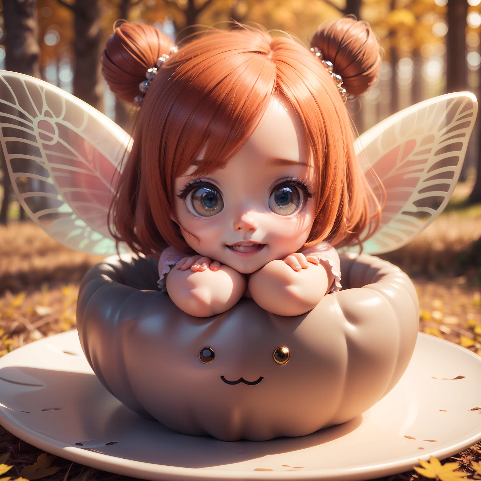 Cute Chibi Anime,(((Chibi 3D))) (Best Quality) (Master Price)、(Chibi Fairy:1.3)、sprawl、Open your mouth and smile、Cheek down pose、A detailed face、Fairytale autumn forest in the morning sunshine、a small face、Oblique side view