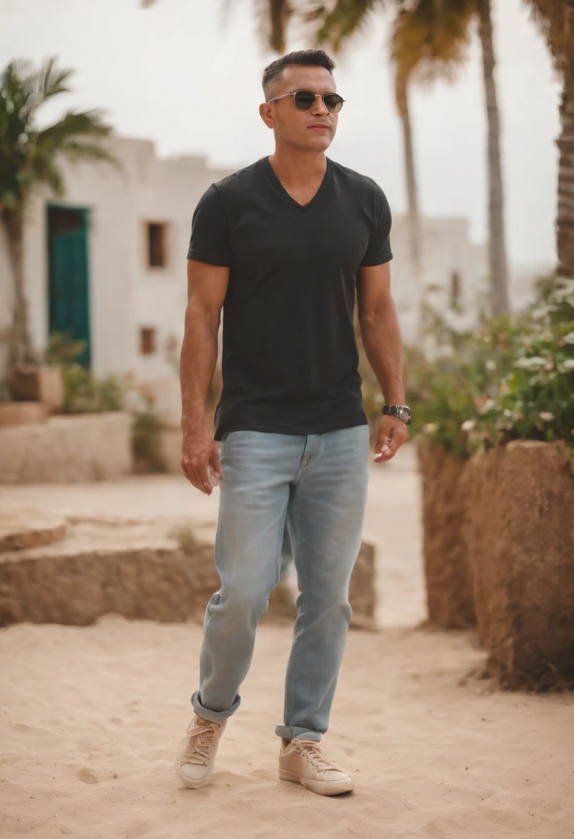 ((tiny man)) wearing short shirt, long pants and sneakers, ((em cima de uma chicara gigante))