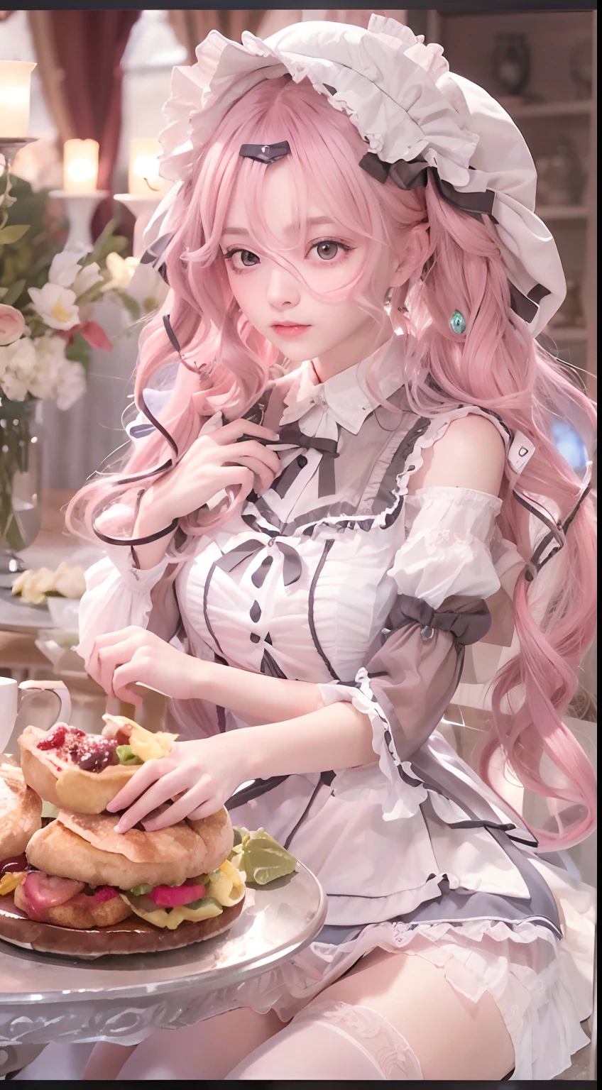 (Masterpiece, Best quality, Masterpiece,Best quality,offcial art, 8K wallpapers), Girl,chiquita,with long hair in takes, Pink hair, Wavy hair, Small breasts,(Dynamic color Lolita costume), Bare legs, Skirt lift,European restaurant,candlestick,wall,tableware, (Skin with the highest level of detail: 1,2), (The highest level of detail in the dial:1.2), Front lighting, natta, warm white light, looks into camera,