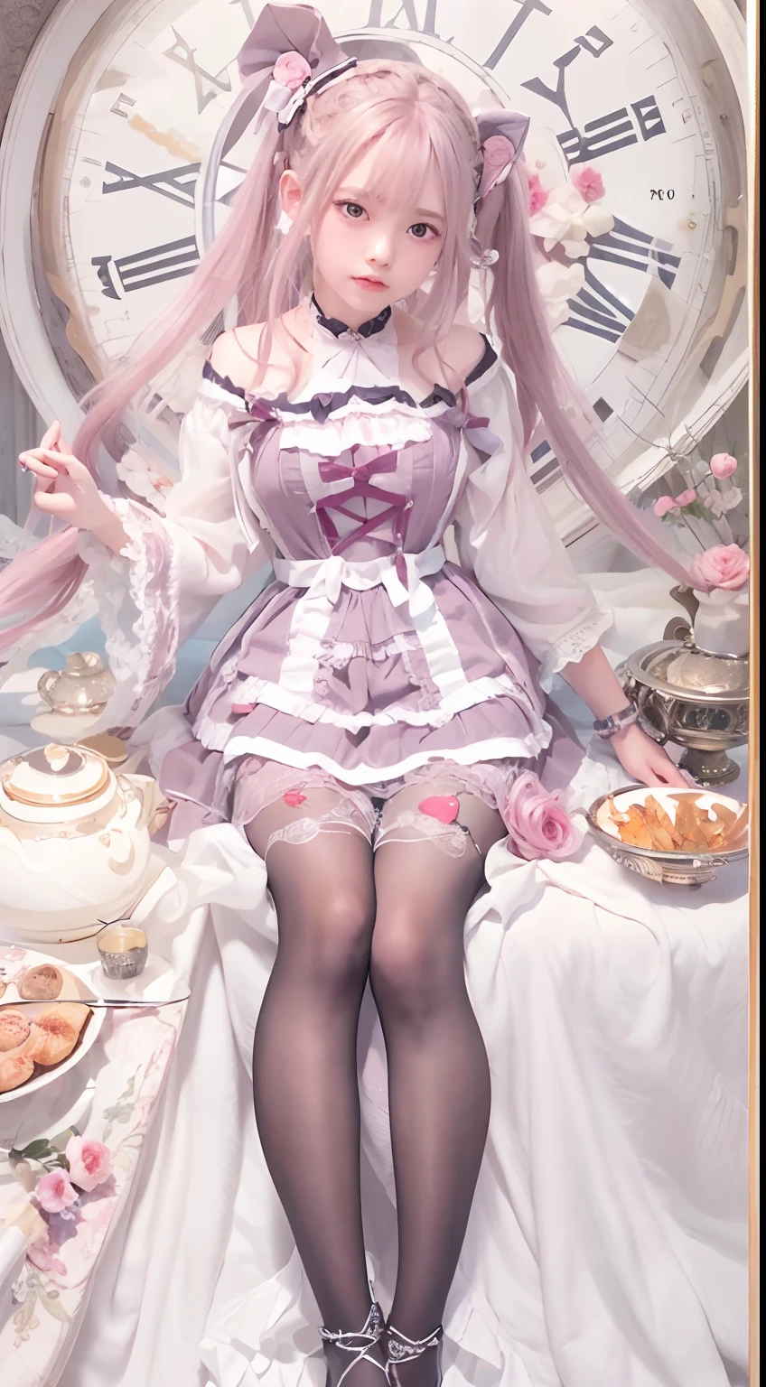 (Masterpiece, Best quality, Masterpiece,Best quality,offcial art, 8K wallpapers), Girl,chiquita，with long hair in takes, Pink hair, Wavy hair, Small breasts,(Dynamic color Lolita costume), Bare legs, Skirt lift,European restaurant，candlestick，wall，tableware， (Skin with the highest level of detail: 1,2), (The highest level of detail in the dial:1.2), Front lighting, natta, warm white light, looks into camera,