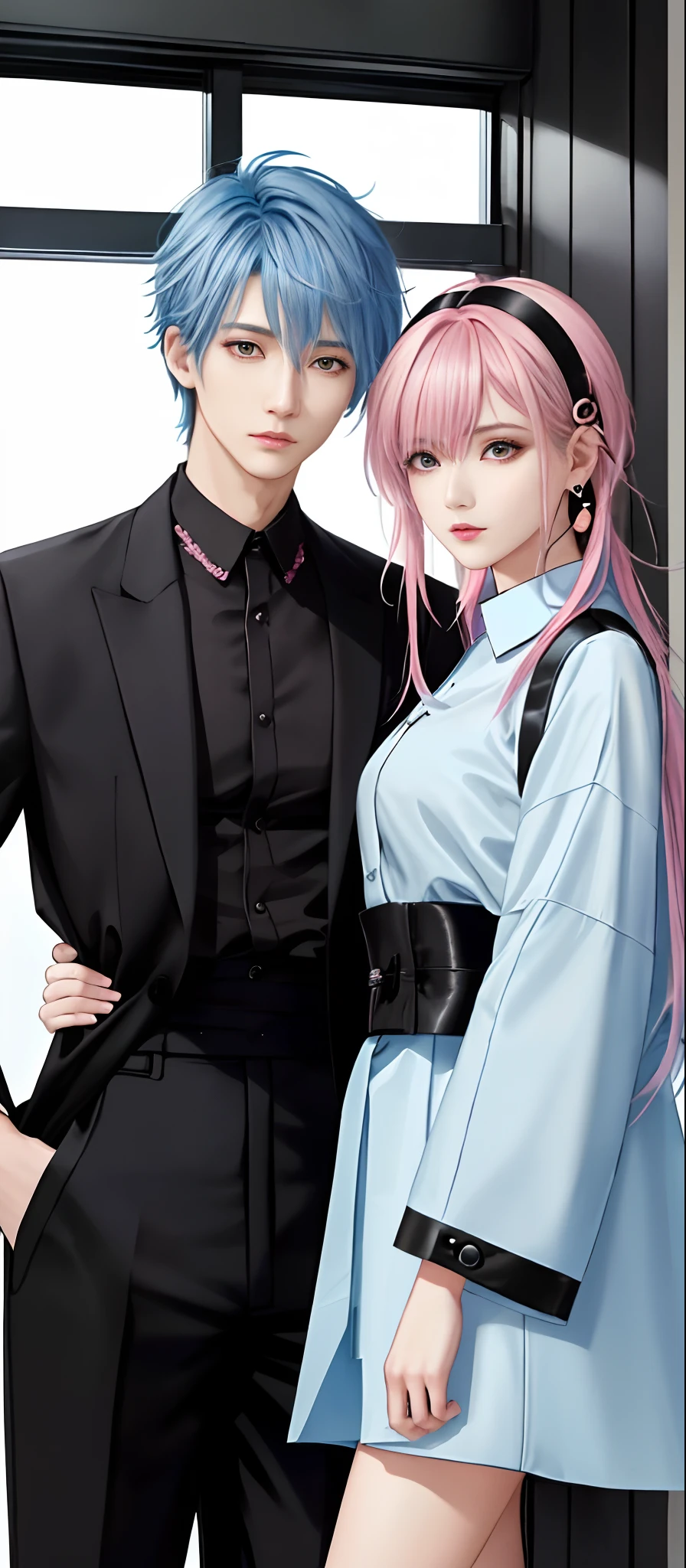 ((Male and female couples)), window, Idol Photos, Magazine covers, Photos of actors, Professional Photos, Height difference, tall male, Happiness, youthfulness, extra detailed face, detailed punk hair, very detailed character, inspired by Sim Sa-jeong, Cai Xukun's, detailed realistic faces, highly detailed realistic face, high detailed face anime, realistic detailed face, Accurate detailed face, attractive androgynous humanoid, Cool Korean fashion in black, ((With a man with light blue hair)), ((Woman with pink hair)), ((Woman with long hair below waist)), ((Man with short hair over ears)), ((Pink hair woman with gentle expression)), ((Man with light blue hair with wild expression)), high-level image quality, ​masterpiece, Photographed so that the whole body can be seen, Photographed to make clothes look beautiful, Take your eyes off, ((two individuals)), ((British couple))