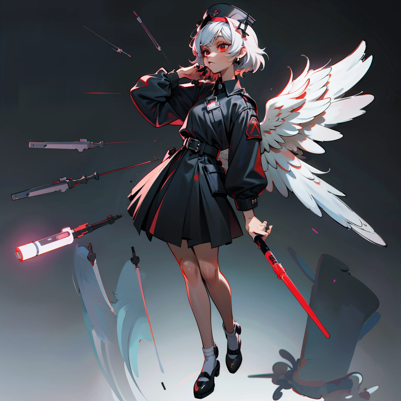 masutepiece, Best Quality, ((Full body shot)), ((No background)), White background, Female, Artificial empathy, Jobs related to intelligence, Highlight the features of professional costumes, Large syringe, Black nurse uniform, Angel , the angel's wings, Angel Ring, dark angel, Chibi, Black, belligerent look, red eyes
