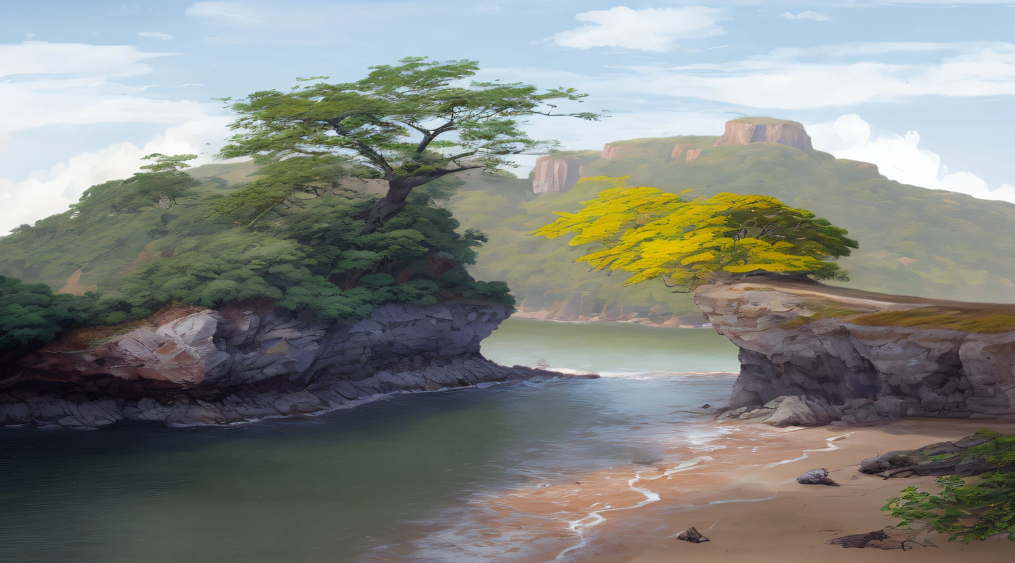 There is a painting of a tree on a cliff at the water's edge, detailed trees and cliffs, pintura digital, Pintura Digital de Alto Detalhe, pintura digital detalhada, pintura digital, pintura digital muito detalhada, Pintura digital 4K HD, pintura de ambientes, arte conceitual de pintura digital, pintura digital bonita, pintura digital altamente detalhada, 8k resolution digital painting