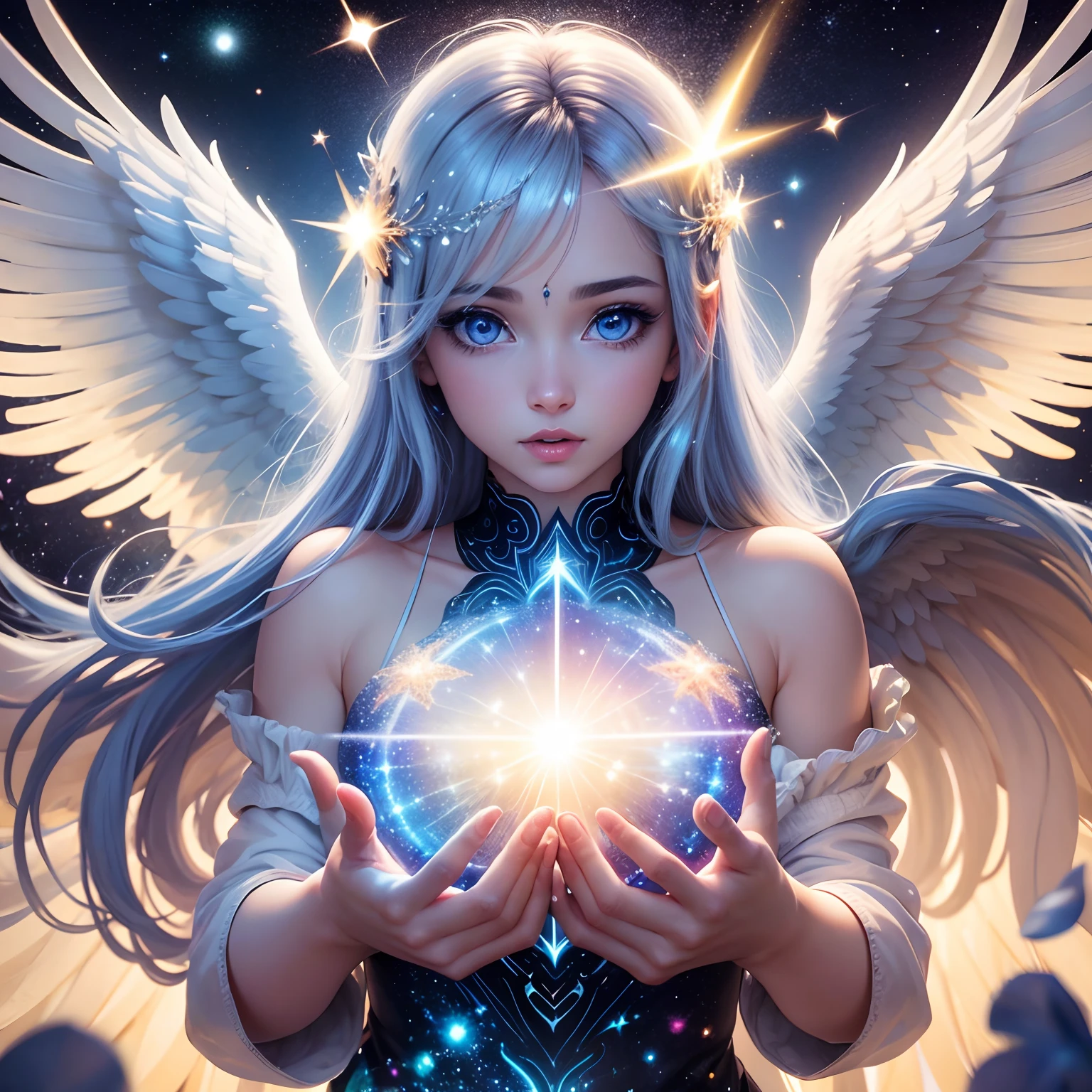cosmic angel, olhos claros brilhantes, bonito, hopeful, Sonhos, cores muito brilhantes, light particles, com luz brilhante, Mshiff, Arte do papel de parede, Papel de parede UHD --auto