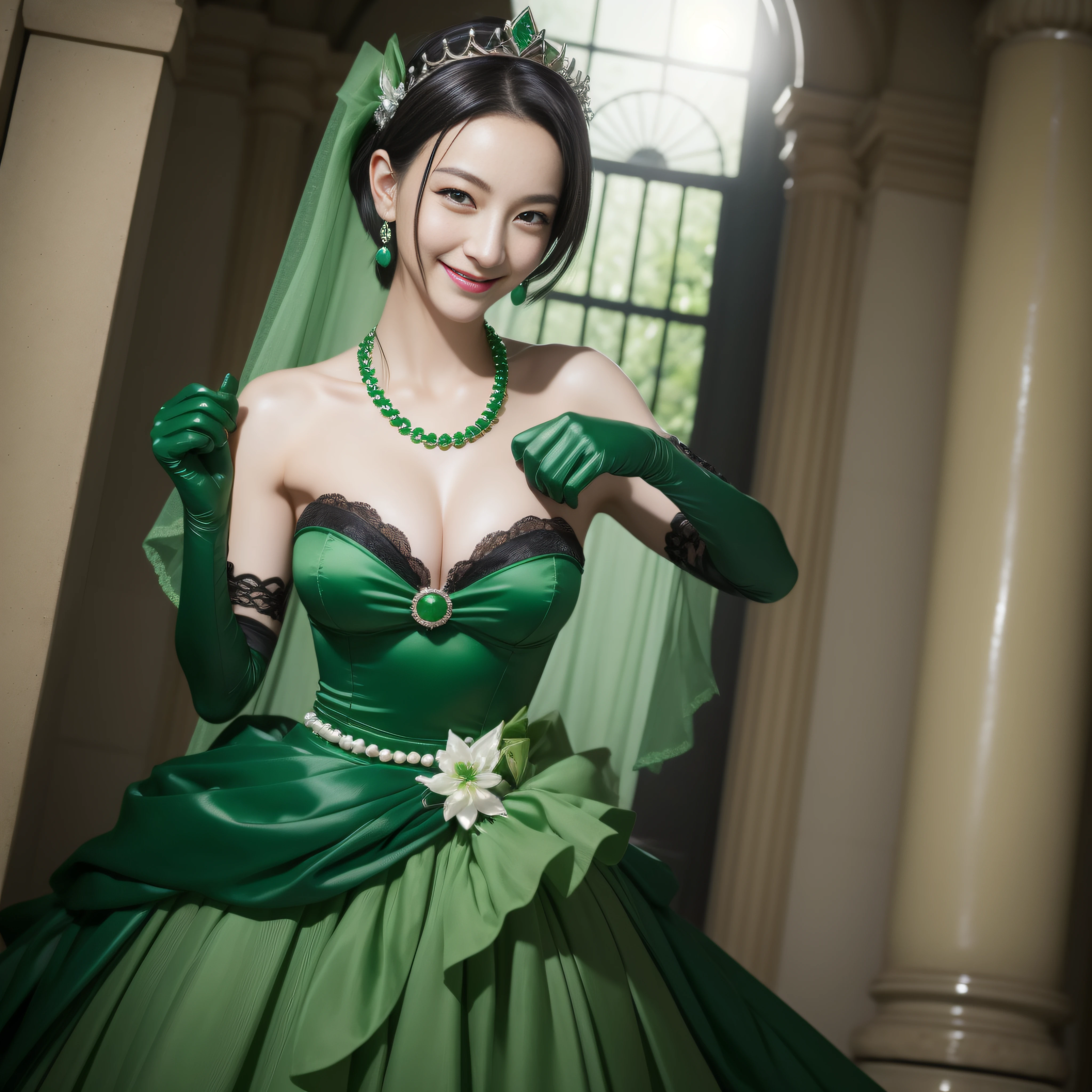 Boyish very short black hair, lipsticks, Japan woman smiling, Green Long Grove,　Emerald Tia boyish very short black hair, lipsticks, Japan woman smiling, Satin green long gloves,　emerald tiara, Pearl Necklace, verd s eyes, Green eyes, Long green gloves made of satin material, big breasts beautiful