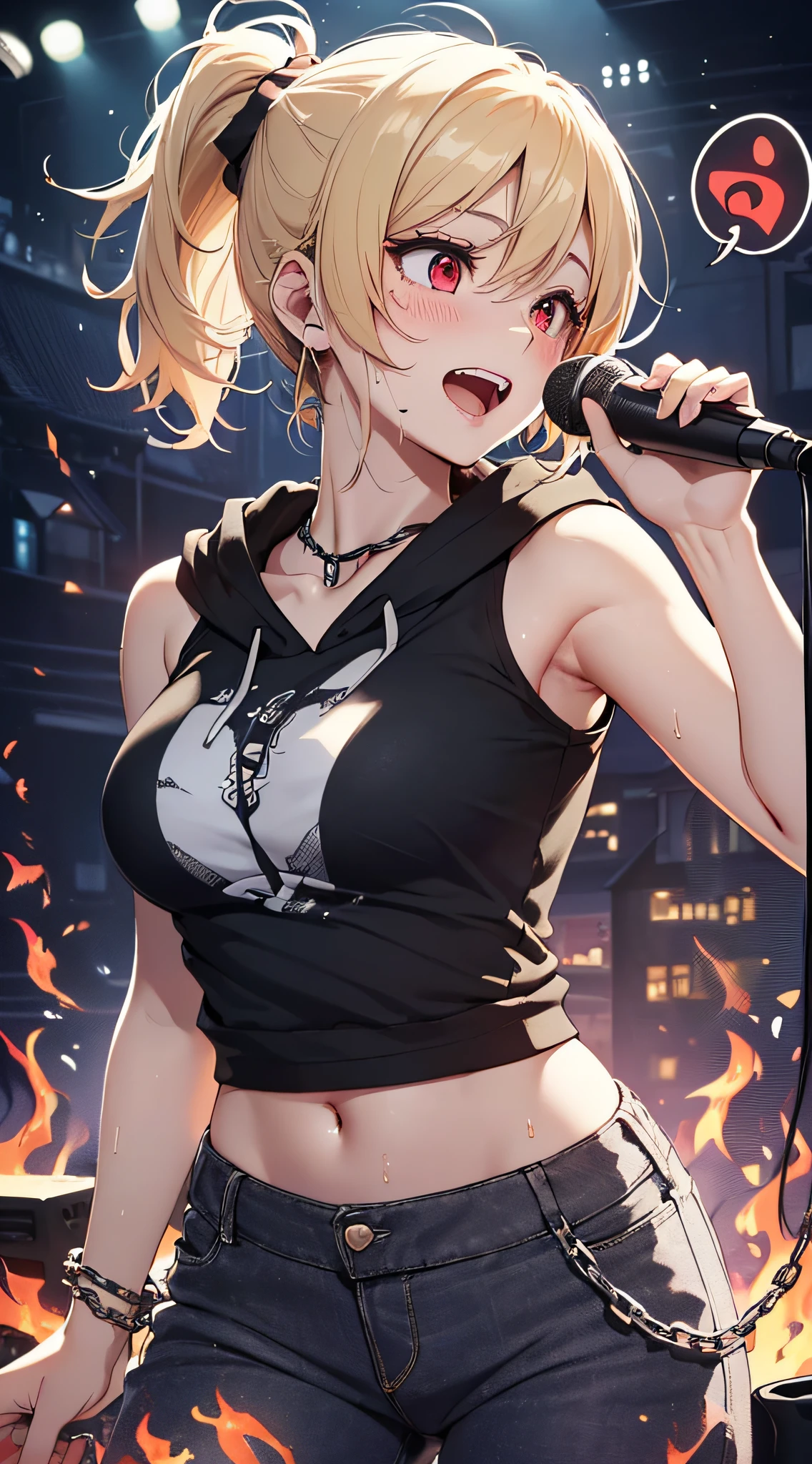 (((One girl))), blond hair, bob cut, big breasts, voluptuous, (cowboy shot), (looking at viewer), ((black shorts)), ((black crop top overhang)), face in focus, teenager, head tilt:1.3, (((blue eye))), ((happy smile)), ((blush)), contrapposto, arms up, anime style, (best quality, 4k, 8k, highres, masterpiece:1.2, ultra-detailed, ultra-detailed eyes, HDR, UHD, studio lighting, ultra-fine painting, sharp focus, physically-based rendering, extreme detail description, professional, vivid colors, bokeh)
