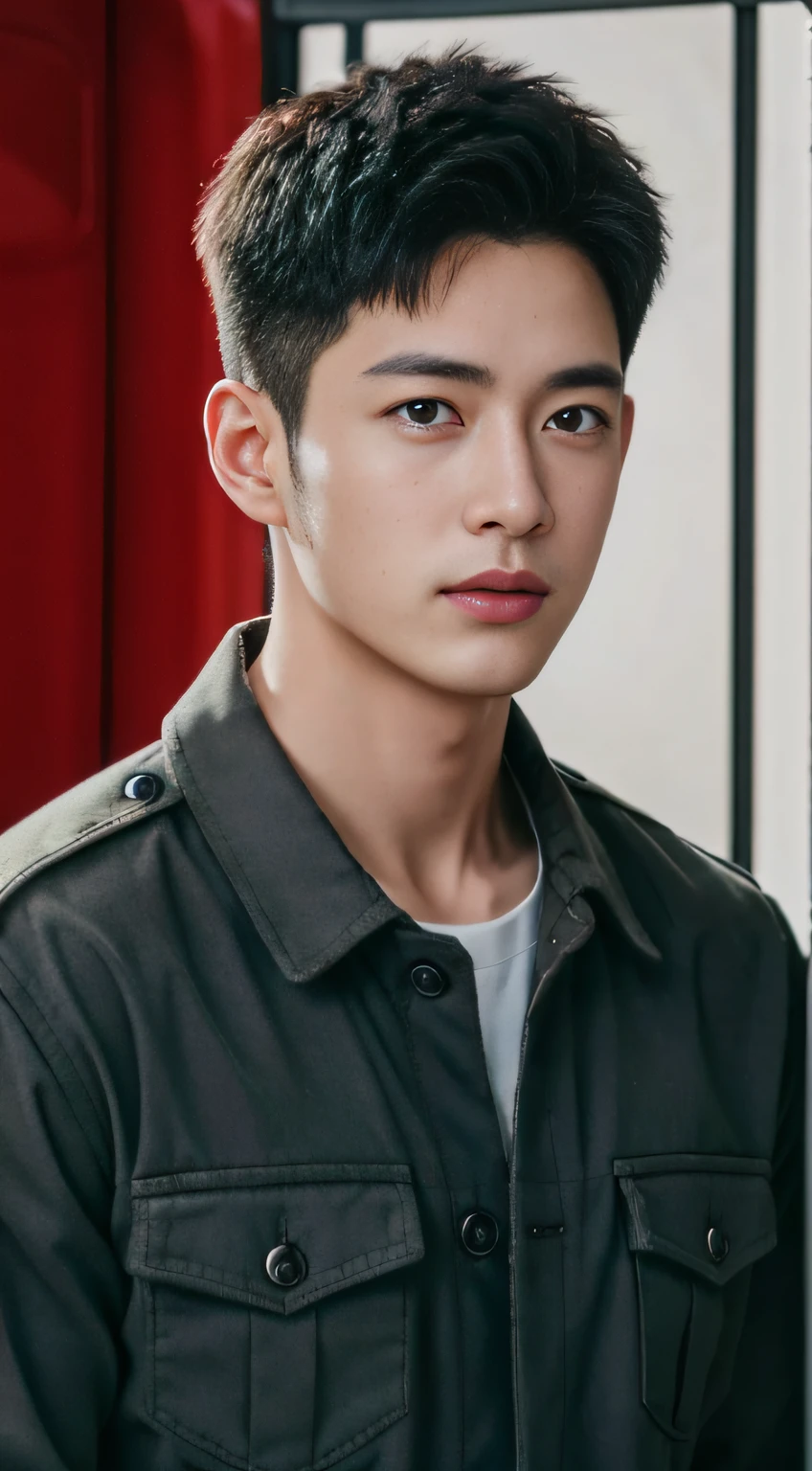 Best quality , Handsome, Military youth, fireman,exteriors,fire truck