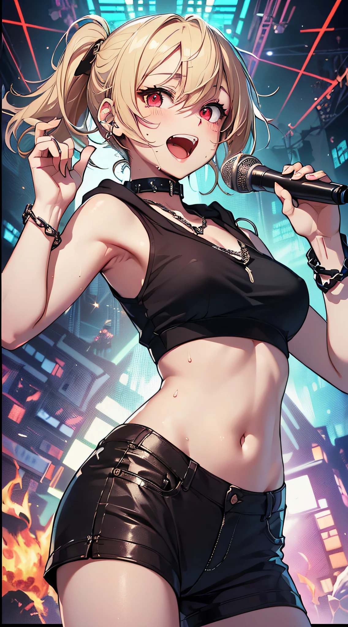 top-quality、Top image quality、masterpiece、girl with((18year old、tatteredclothing、Black tank top、Black short-sleeved hoodie、White pants、Best Bust、Bust 85、a blond、disheveled ponytail、Red Eyes、open chest wide、Happiness、Sweating、Chain Accessories、holding the mic、Voice bubbles(I love you),Singing、dance))hiquality、visualart、Background with((live house、knight、Combustion Renditions、Laser Pointer))、masutepiece