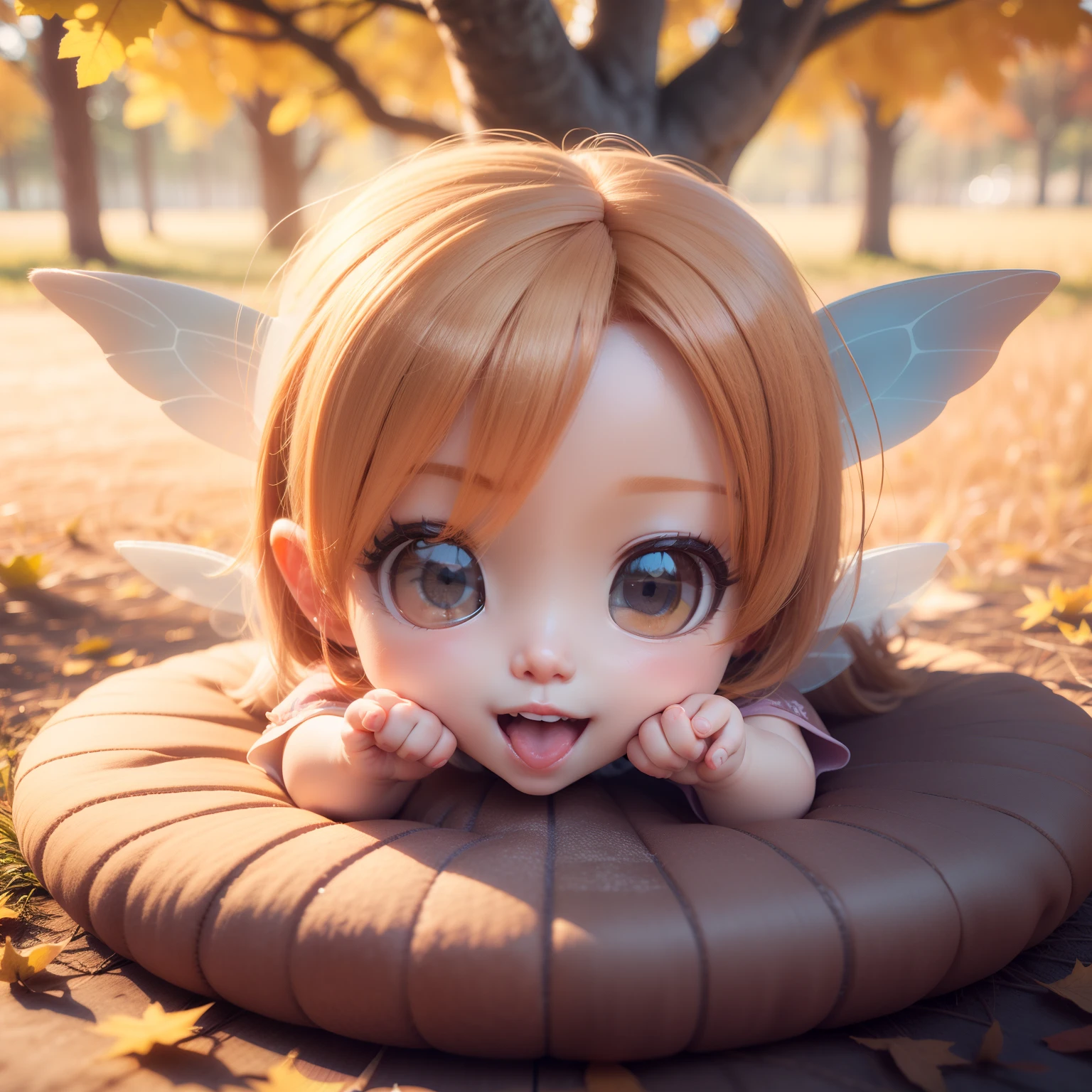 Cute Baby Chibi Anime,(((Chibi 3D))) (Best Quality) (Master Price)、(Chibi Fairy:1.3)、sprawl、Open your mouth and smile、Cheek down pose、A detailed face、Fairytale autumn forest in the morning sunshine、a small face、Oblique side view