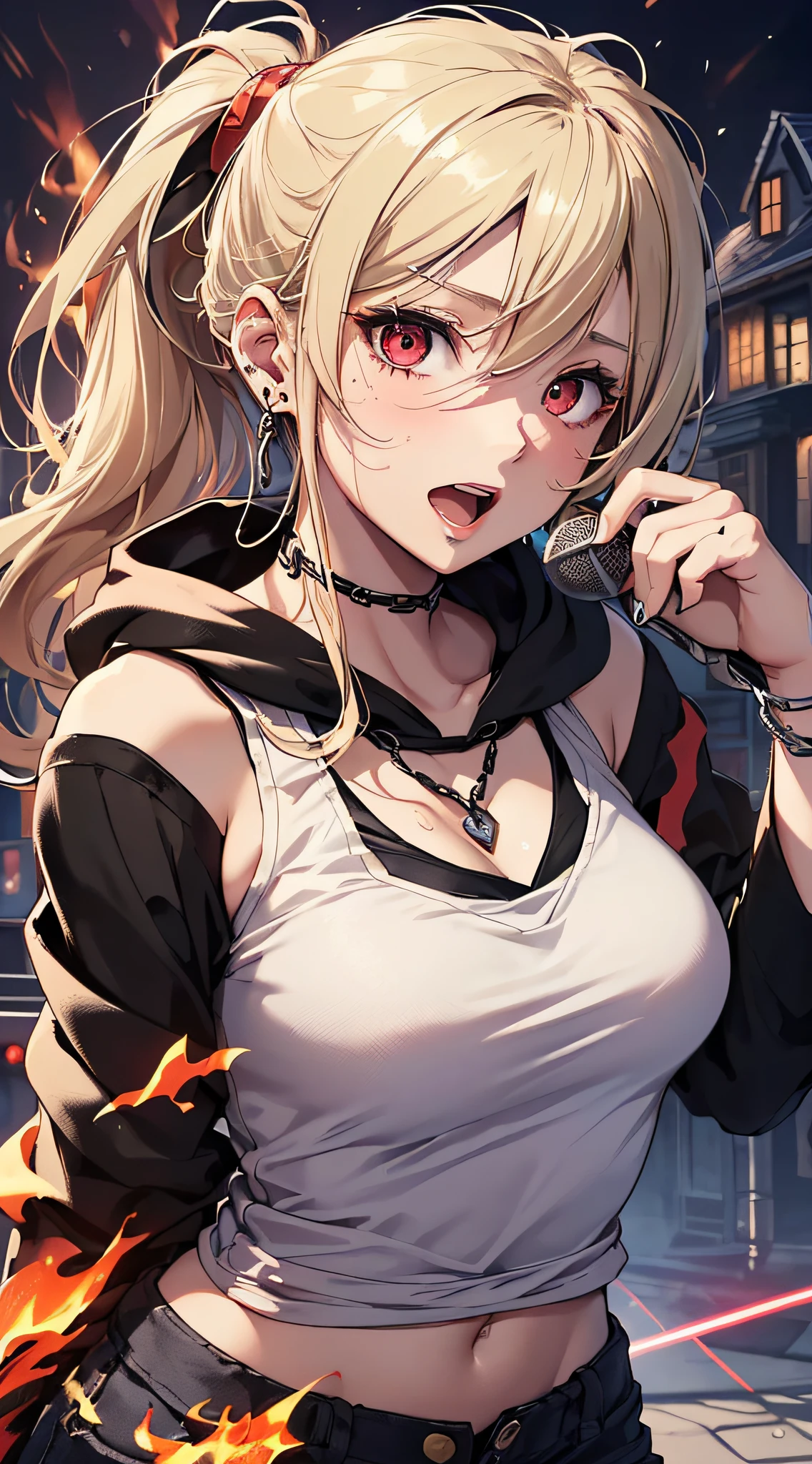 top-quality、Top image quality、​masterpiece、girl with((18year old、tatteredclothing、Black tank top、Black short-sleeved hoodie、White pants、Best Bust、Bust 85、a blond、disheveled ponytail、Red Eyes、open chest wide、Happiness、Sweating、Chain Accessories、holding the mic、Voice bubbles(I love you),Singing、dance)）hiquality、visualart、Background with((live house、knight、Combustion Renditions、Laser Pointer))、masutepiece
