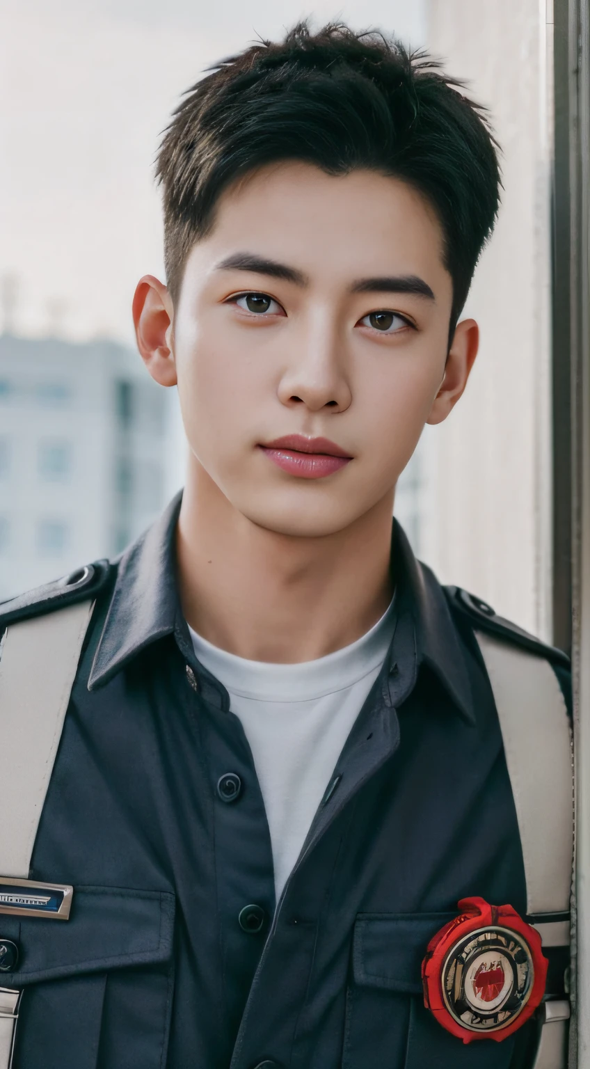 Best quality , Handsome, Military youth, fireman,exteriors,fire truck